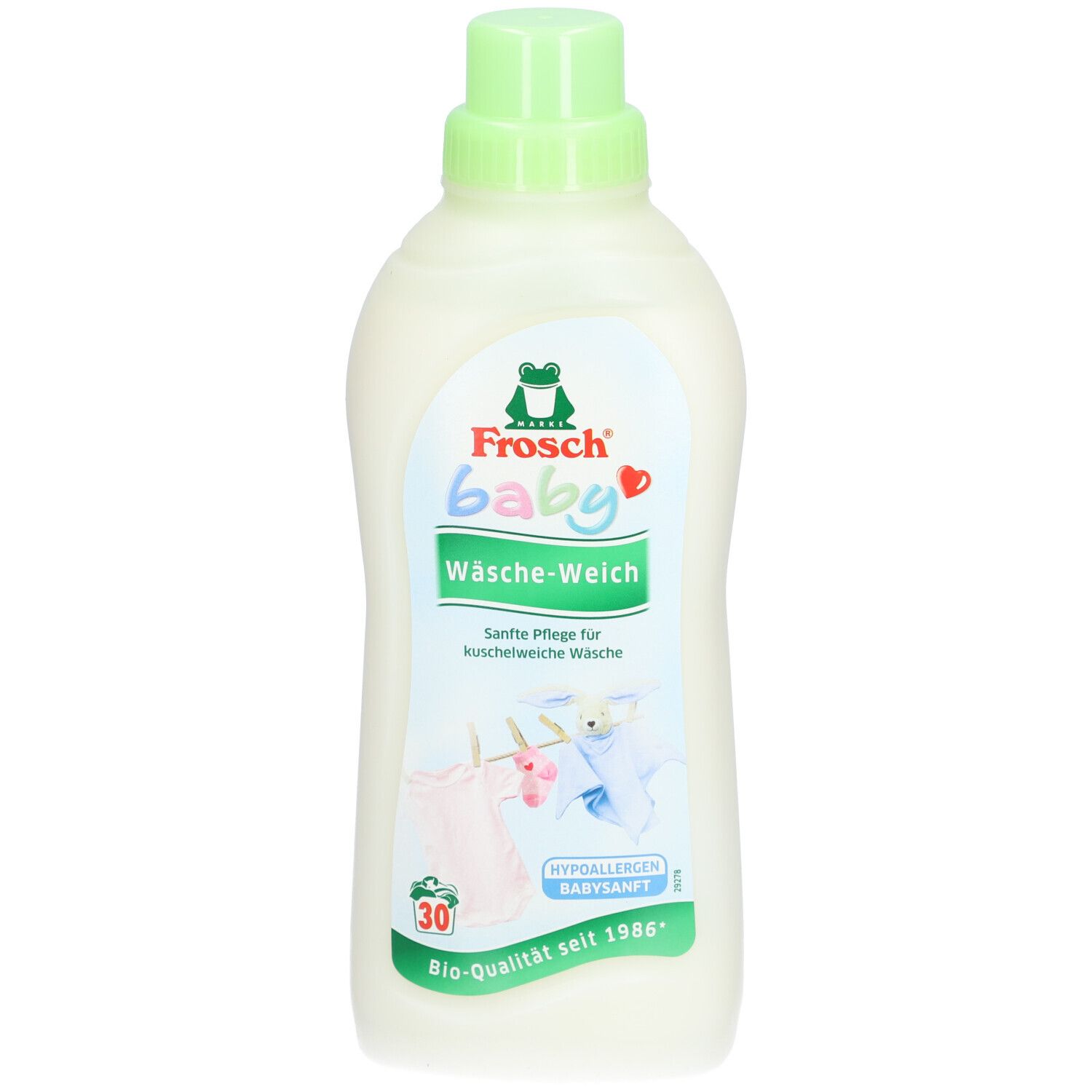 Fles FROSCH Baby wasverzachter. Groen-witte verpakking. Logo en tekst. 30 wasbeurten. Hypoallergeen.