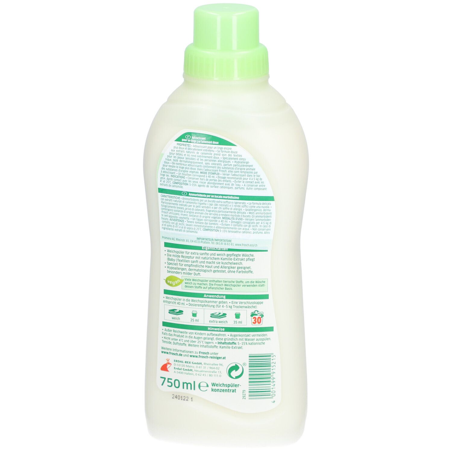 Achterkant van de fles FROSCH Baby wasverzachter. Tekstinformatie en symbolen. 750 ml.