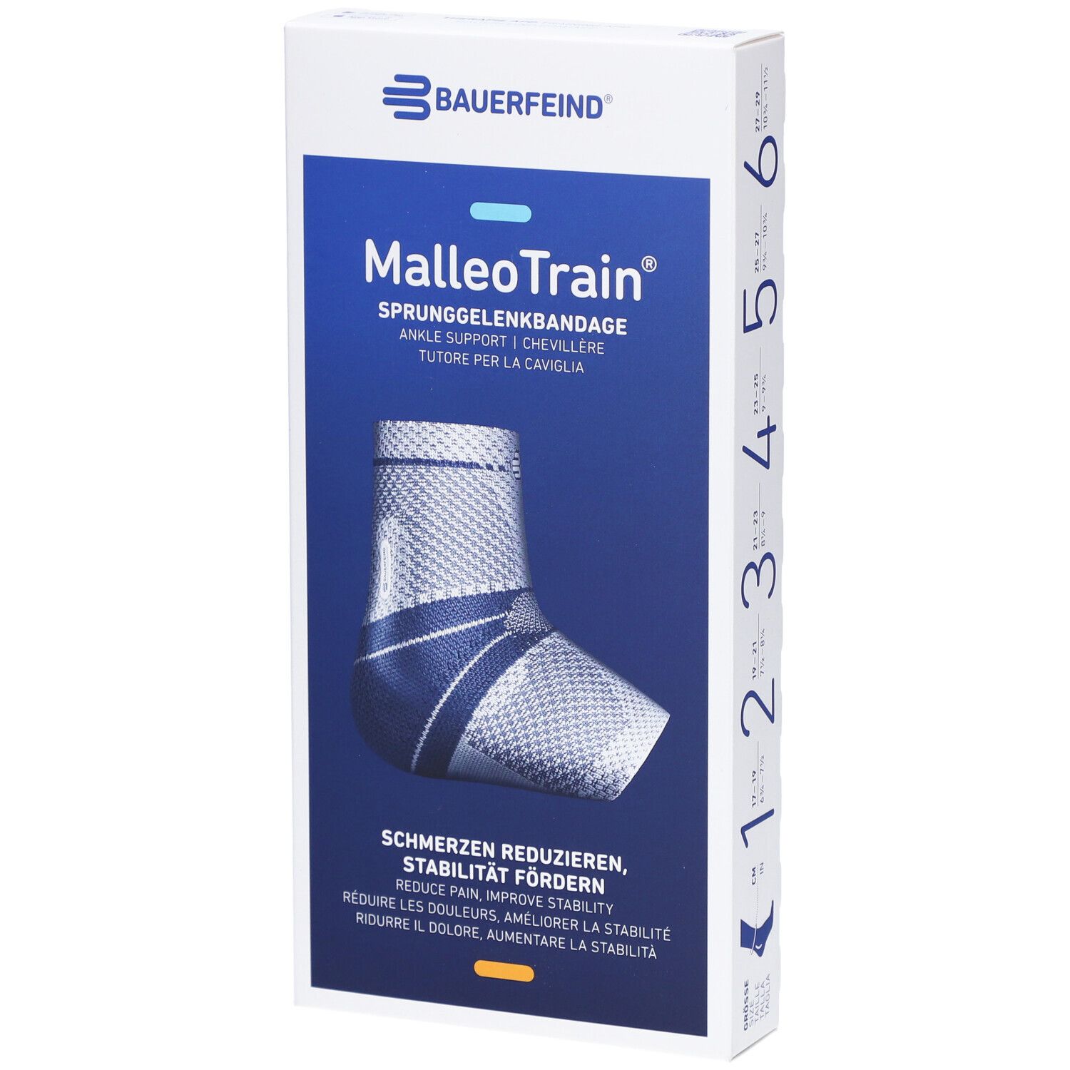 Verpakking van de MalleoTrain enkelbrace. Productafbeelding, maatindicaties en Bauerfeind-logo.