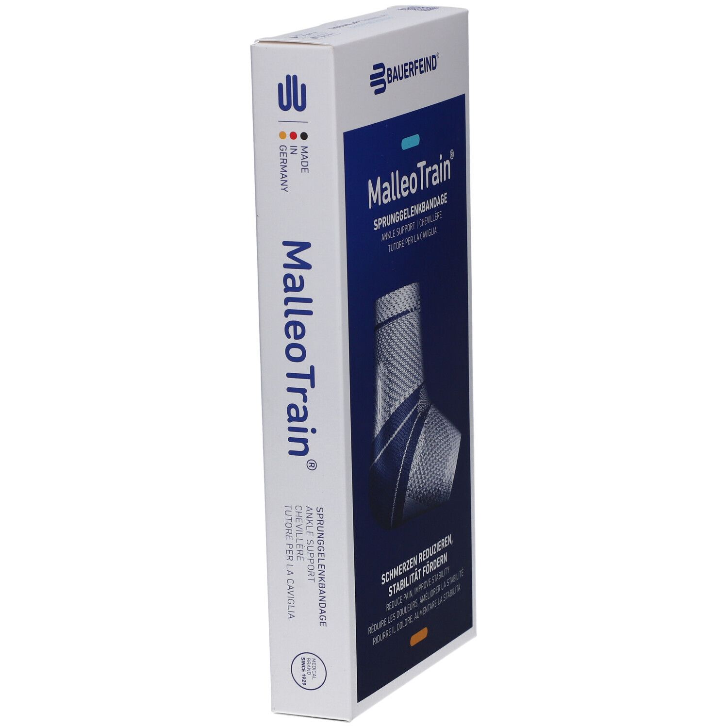 Smalle verpakking van de MalleoTrain enkelbrace. Bauerfeind-logo en productnaam.