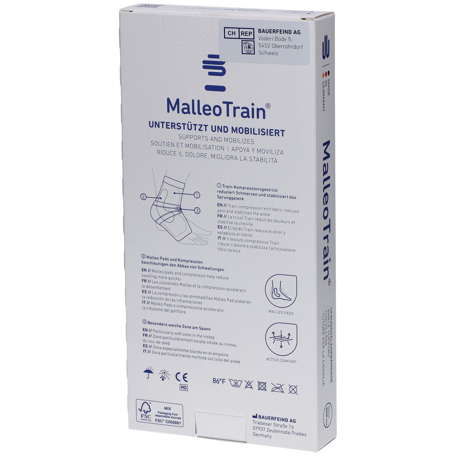 Achterkant van de MalleoTrain enkelbrace verpakking. Productinformatie, logo's en certificeringen.