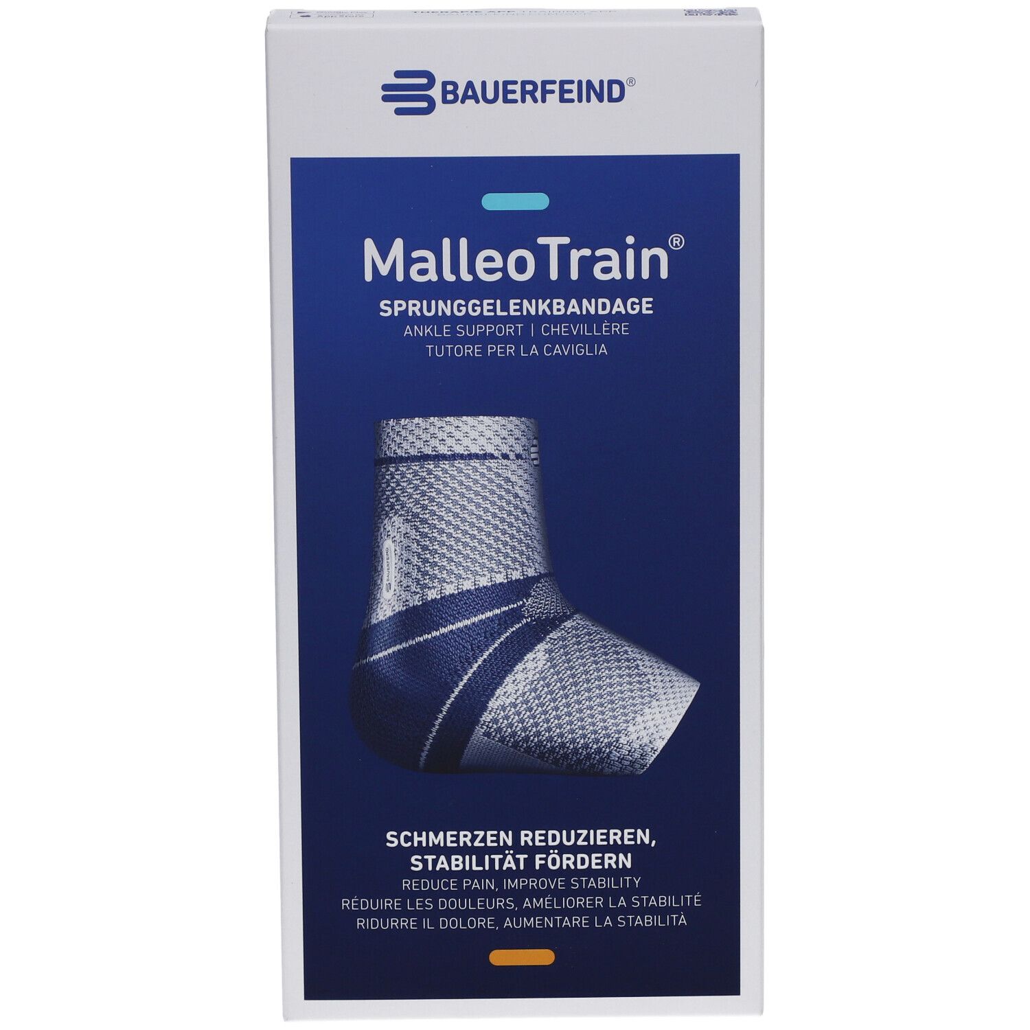 Voorkant van de MalleoTrain enkelbrace verpakking. Productafbeelding en Bauerfeind-logo.