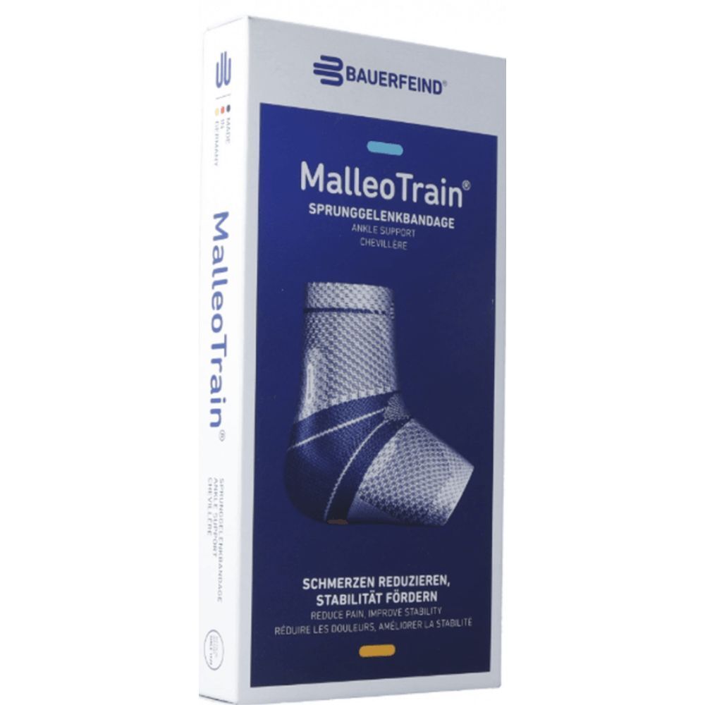 Verpakking van de MalleoTrain enkelbrace. Blauw-witte brace op blauwe achtergrond. Bauerfeind logo.