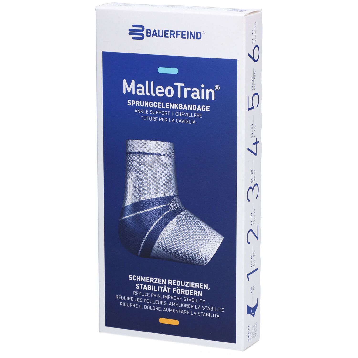 Bande de cheville MalleoTrain Bauerfeind, taille 6, gauche. L'emballage montre la chevillère, l'indication de taille et les informations.