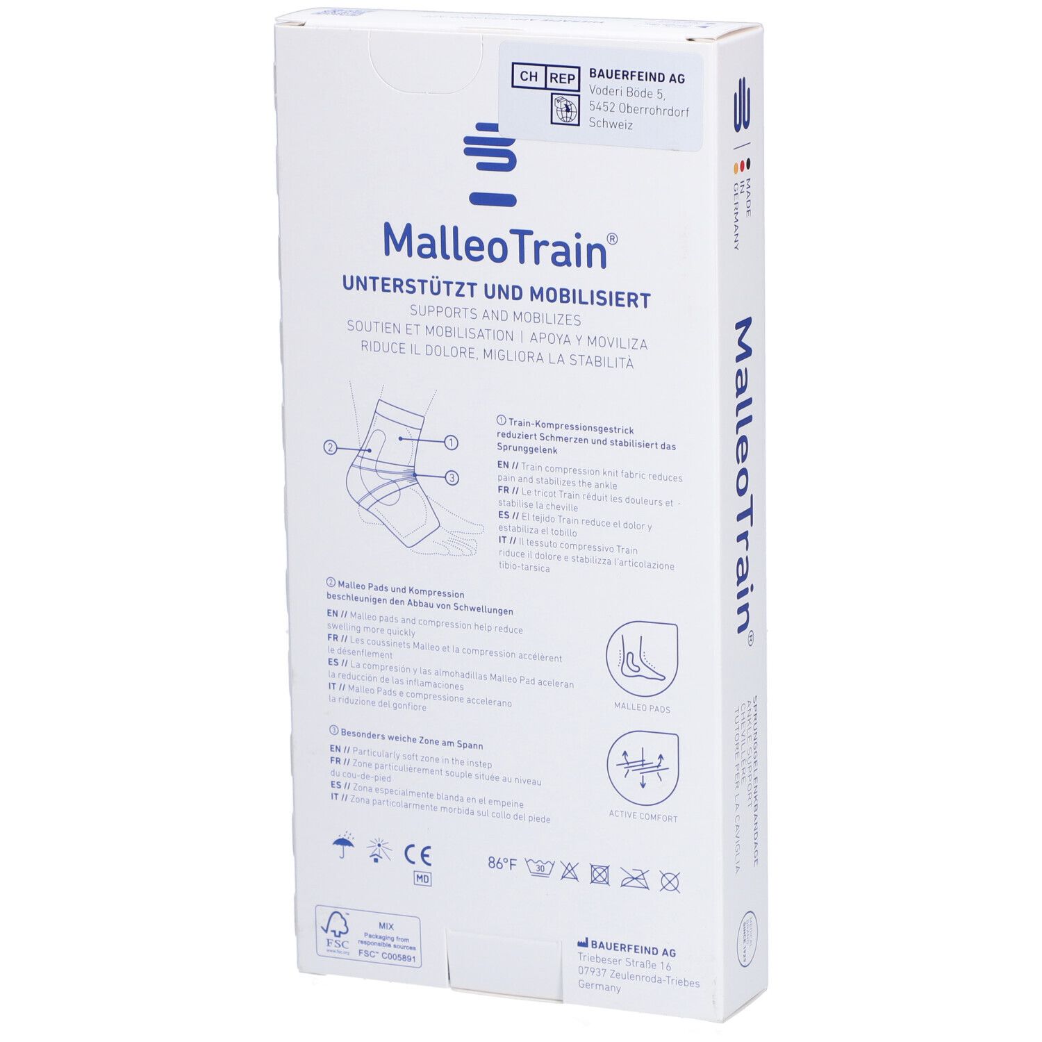 Dos de l'emballage de la chevillère MalleoTrain. Nom du produit, informations sur le soutien et la mobilisation, pictogrammes.