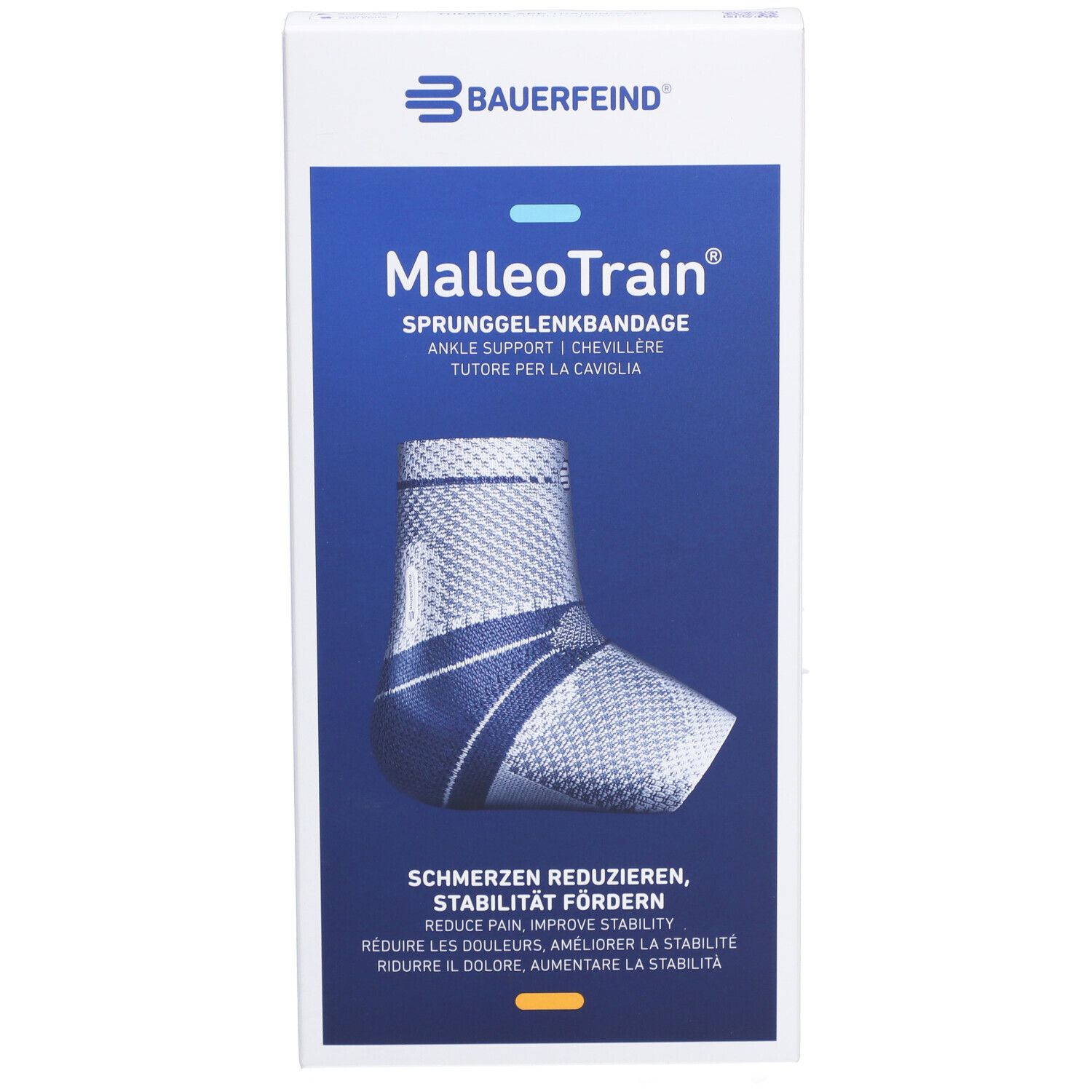 Bande de cheville MalleoTrain Bauerfeind, taille 6, gauche. L'emballage montre la chevillère, l'indication de taille et les informations.