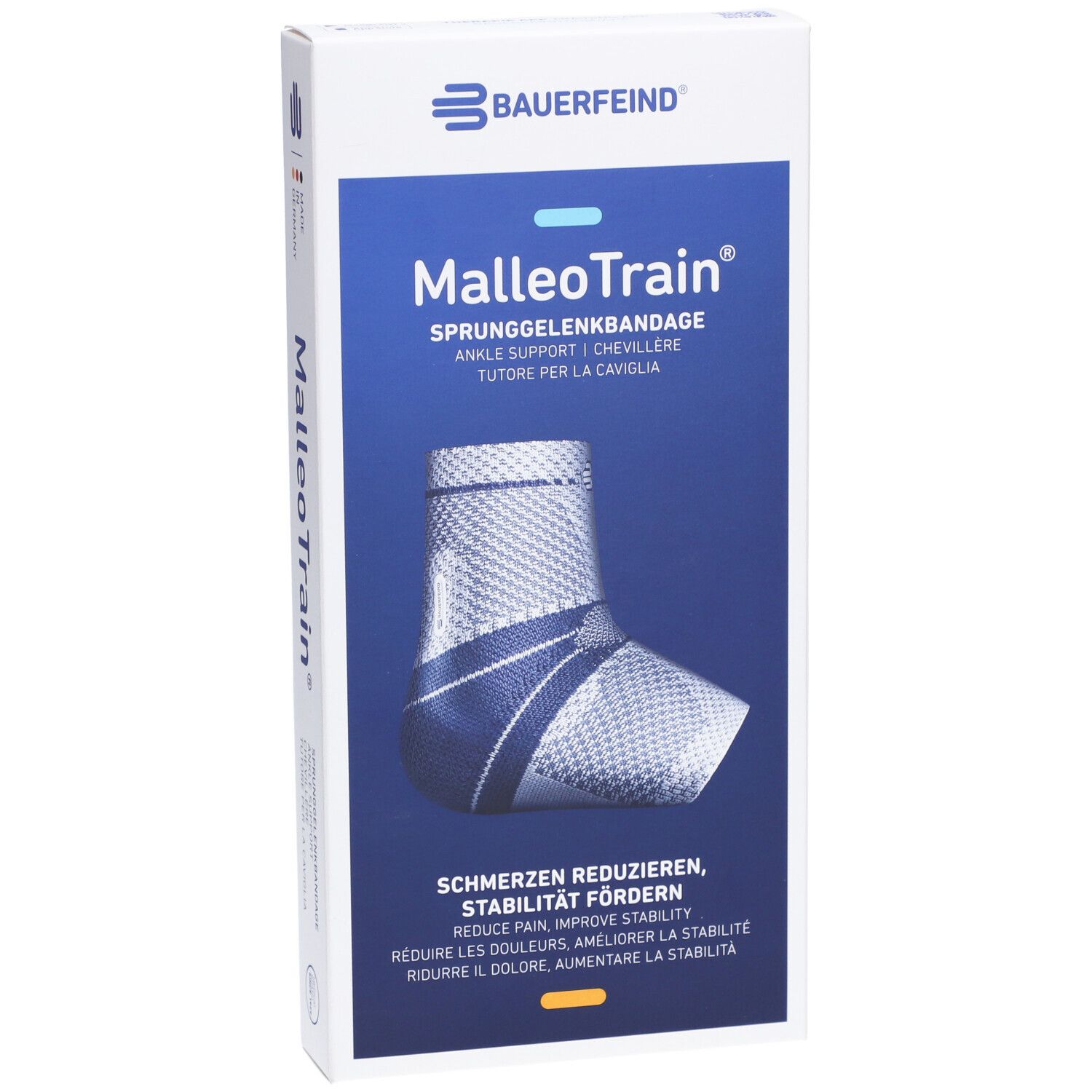 Bande de cheville MalleoTrain Bauerfeind, taille 6, gauche. L'emballage montre la chevillère, l'indication de taille et les informations.