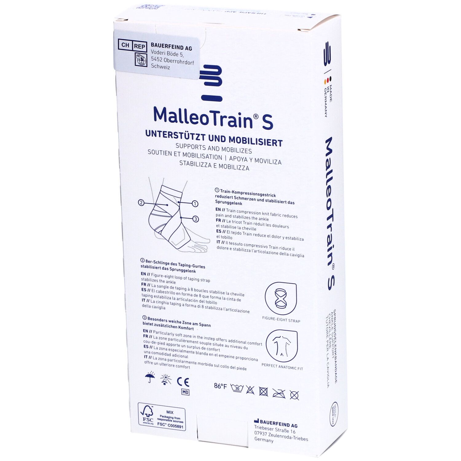 Dos de l'emballage de la chevillère MalleoTrain S. Illustration et description du produit. Soutient et mobilise.