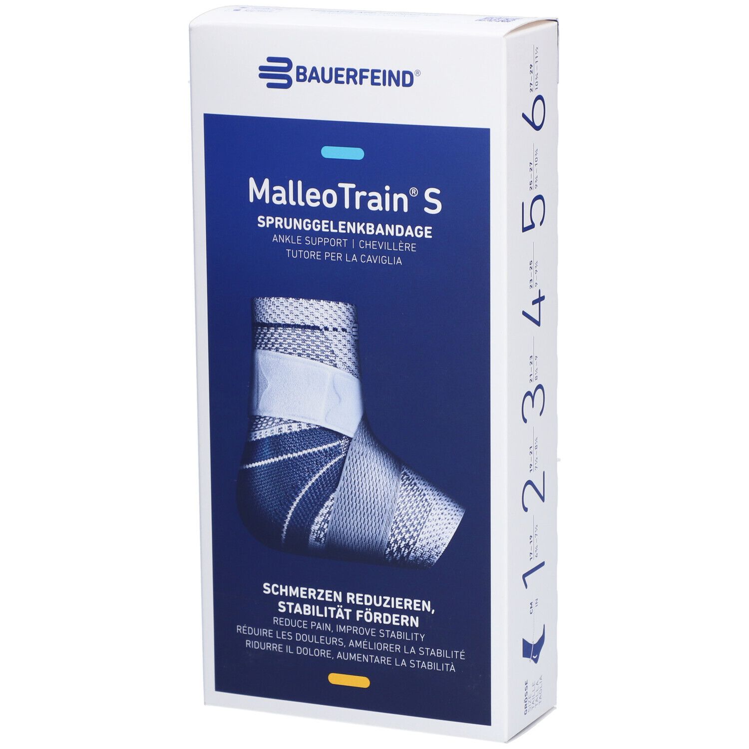Verpakking van de MalleoTrain S enkelbrace. Merk Bauerfeind. Productafbeelding op de voorkant. Maatindicatie.