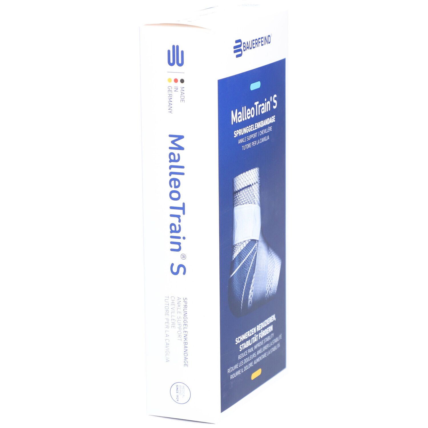 Zijaanzicht van de verpakking van de MalleoTrain S enkelbrace. Merk Bauerfeind. Productnaam en logo.