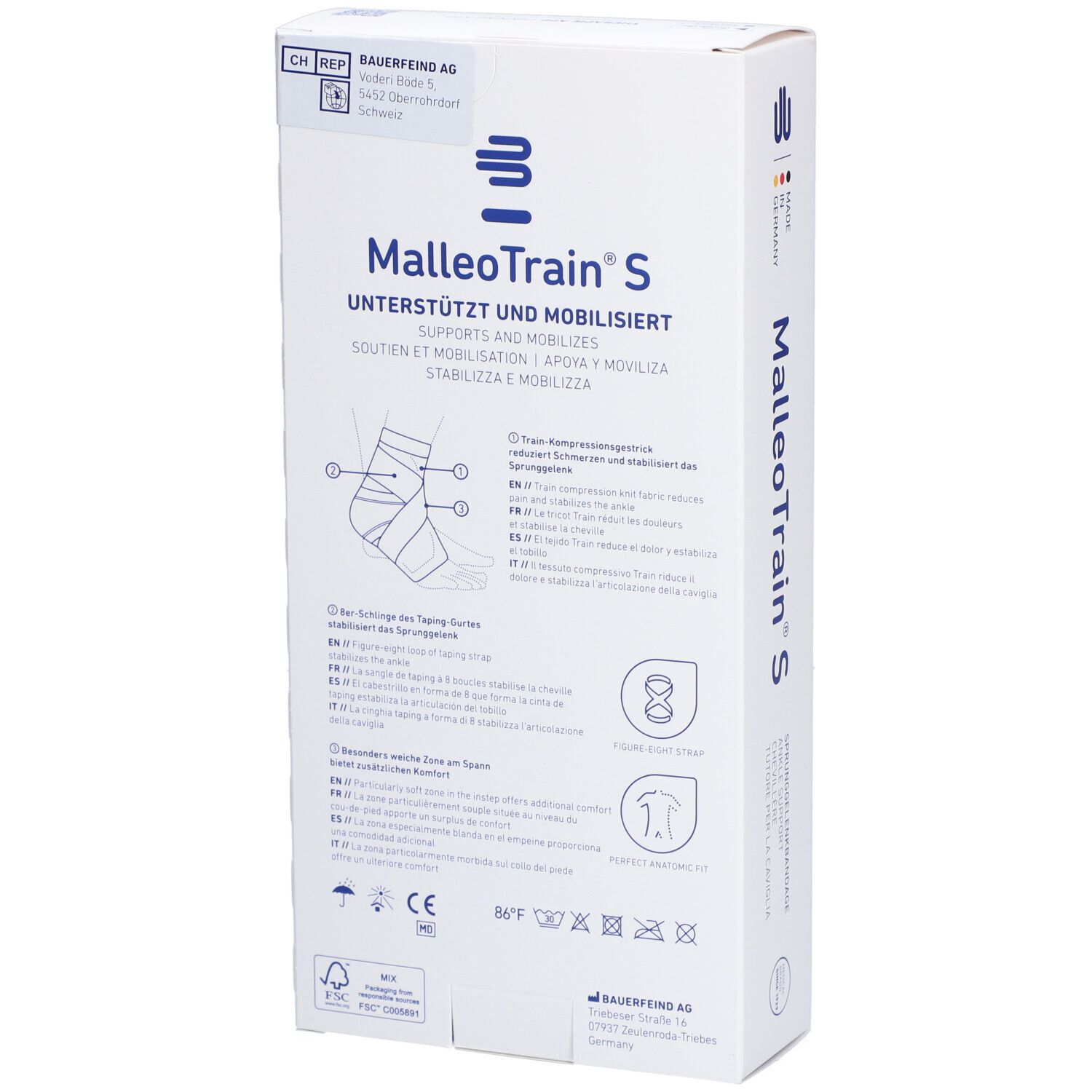 Achterkant van de verpakking van de MalleoTrain S enkelbrace. Merk Bauerfeind. Productinformatie en symbolen.