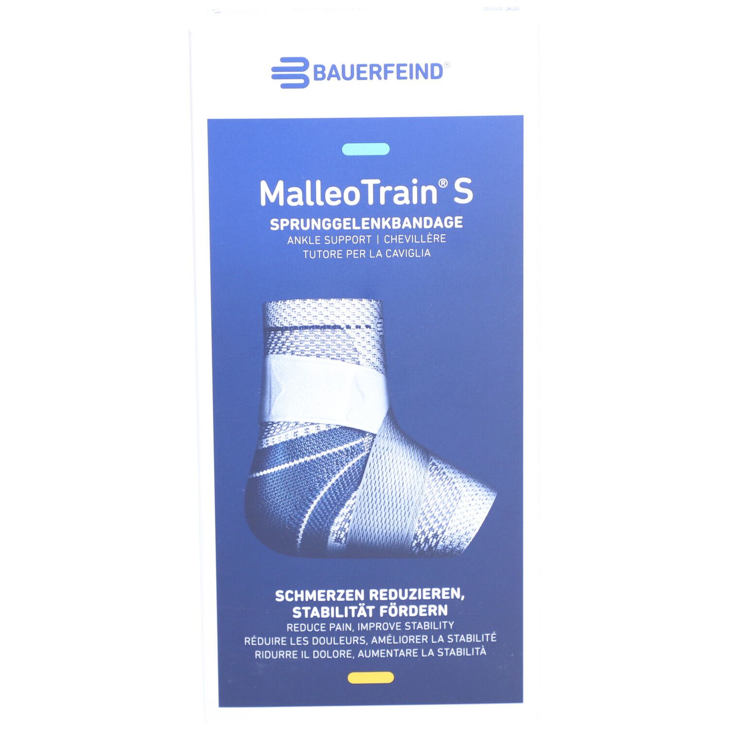 Vooraanzicht van de verpakking van de MalleoTrain S enkelbrace. Merk Bauerfeind. Productafbeelding en tekst.