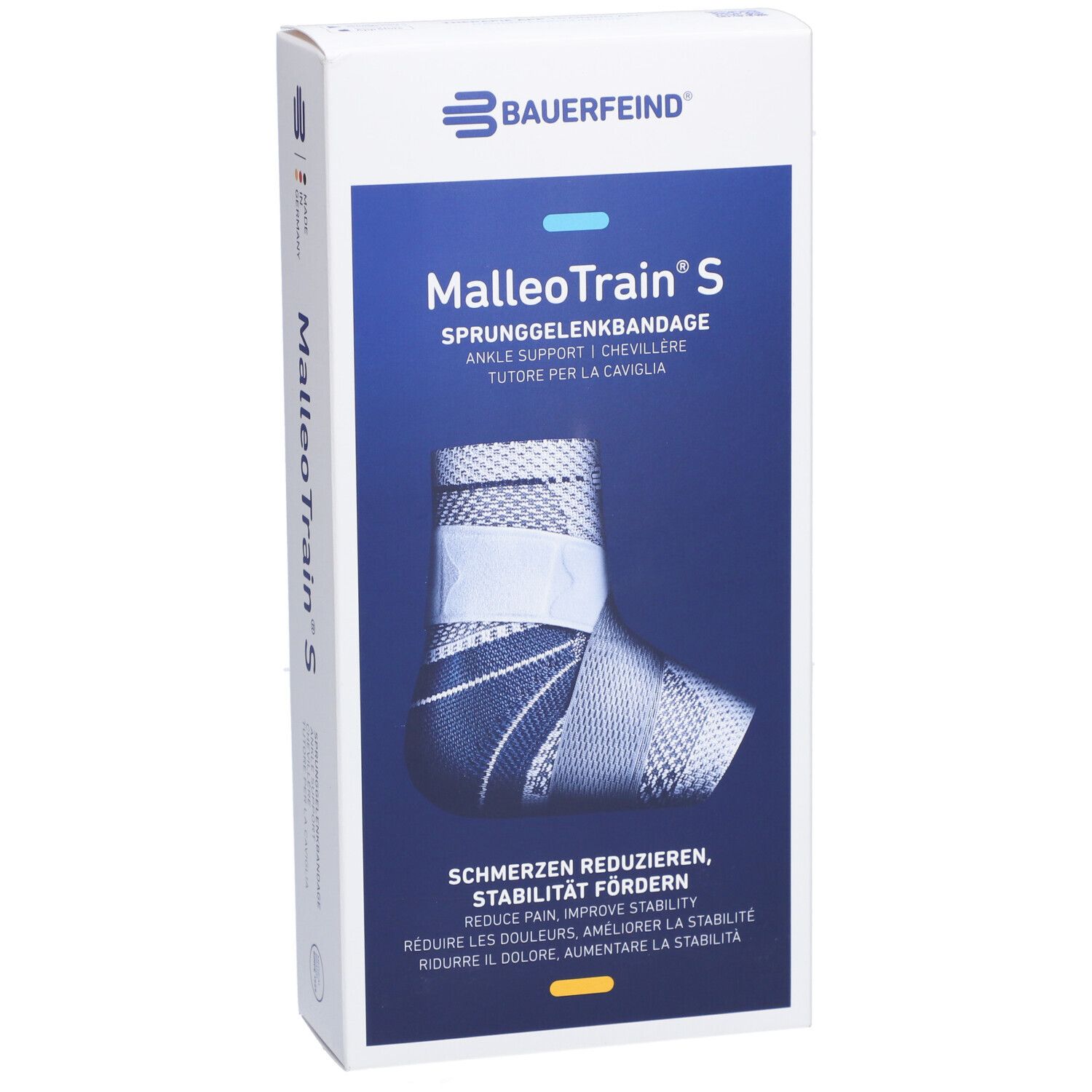 Vooraanzicht van de verpakking van de MalleoTrain S enkelbrace. Merk Bauerfeind. Productafbeelding en tekst.