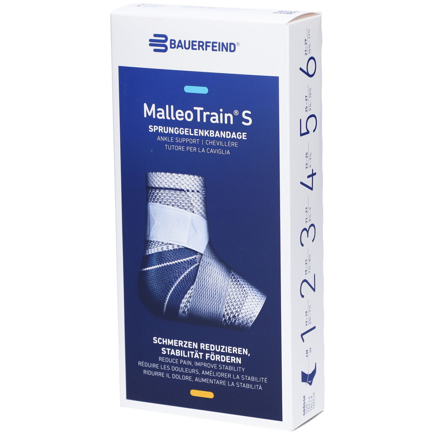 Verpakking van de MalleoTrain S enkelbrace. Maat 4 links. Merk Bauerfeind. Witte doos met productafbeelding en tekst.
