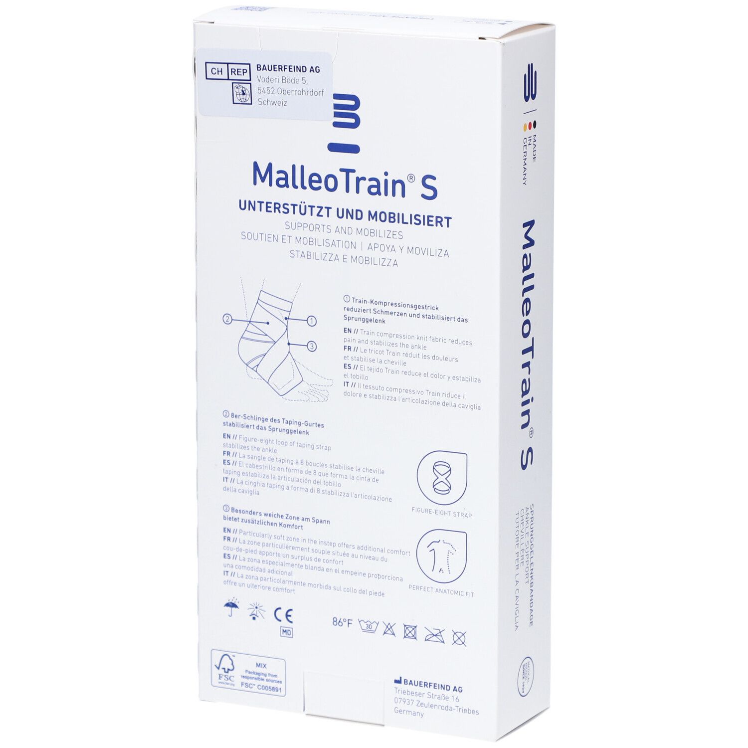 Achterkant van de MalleoTrain S verpakking. Productinformatie, afbeeldingen en logo's. Merk Bauerfeind. Maat 4 links.