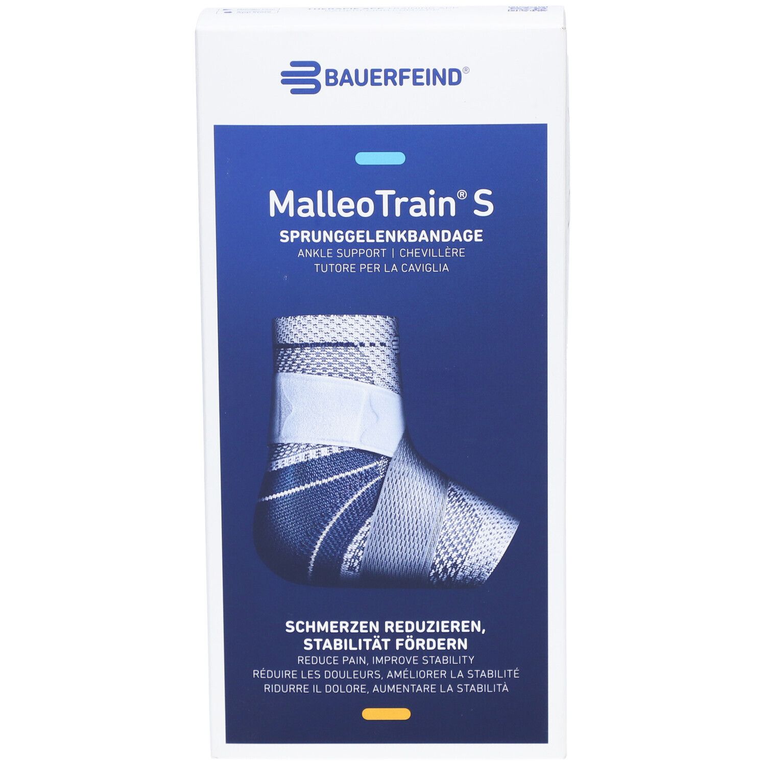 Vooraanzicht van de MalleoTrain S verpakking. Merk Bauerfeind. Productafbeelding en productnaam. Maat 4 links.