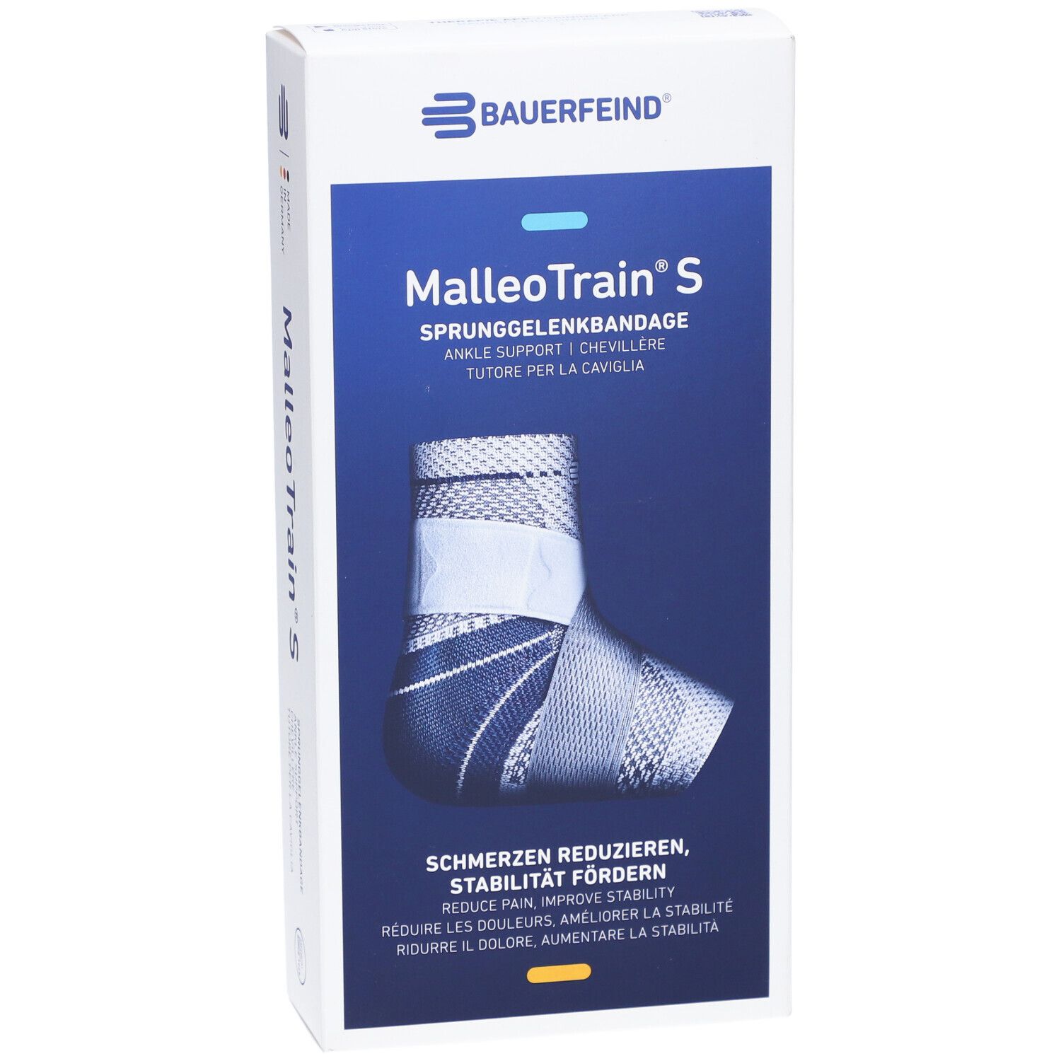Vooraanzicht van de MalleoTrain S verpakking. Merk Bauerfeind. Productafbeelding en productnaam. Maat 4 links.