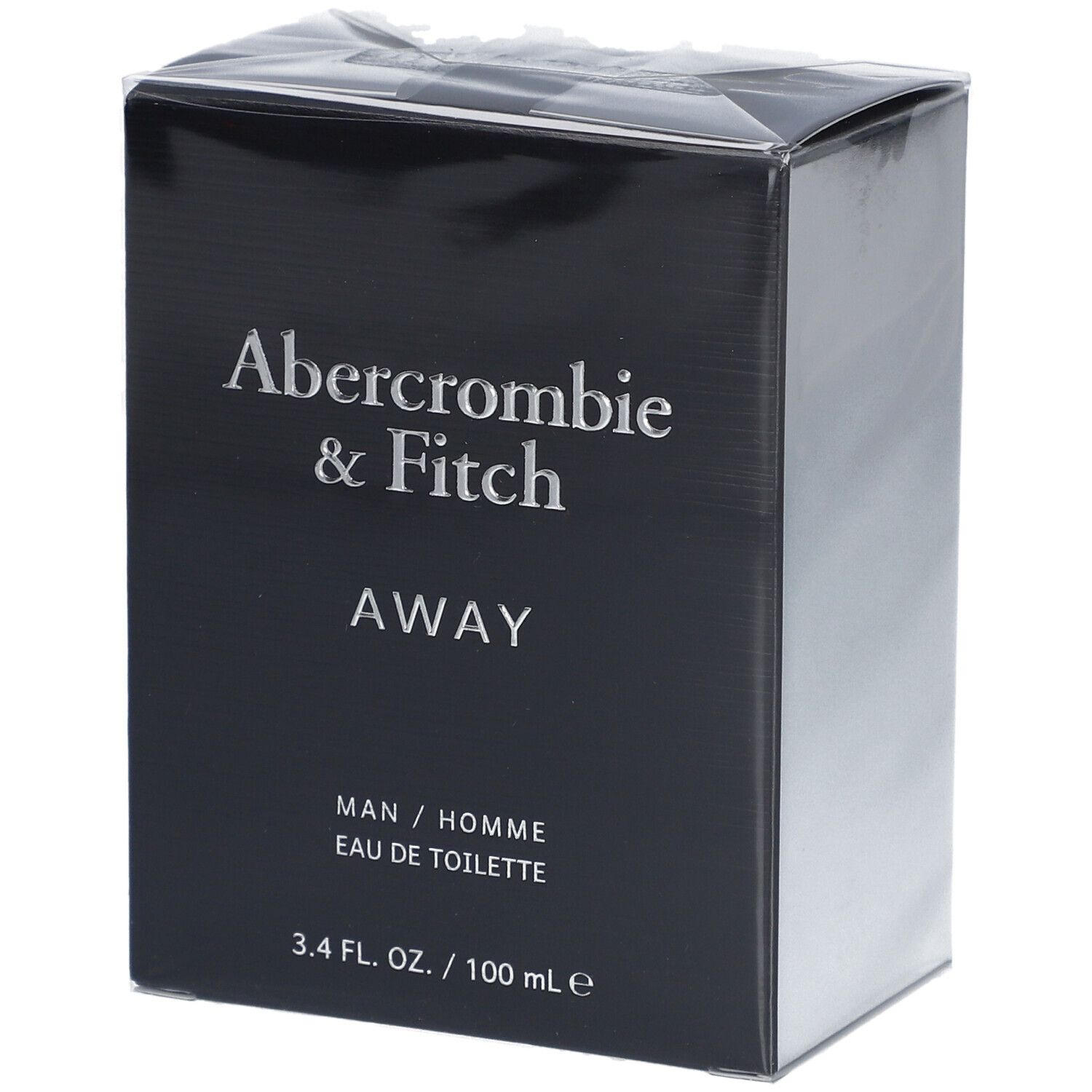 Boîte noire Abercrombie & Fitch AWAY. Texte: MAN / HOMME, Eau de Toilette. 3.4 FL. OZ. / 100 ml e. Emballage plastique transparent.