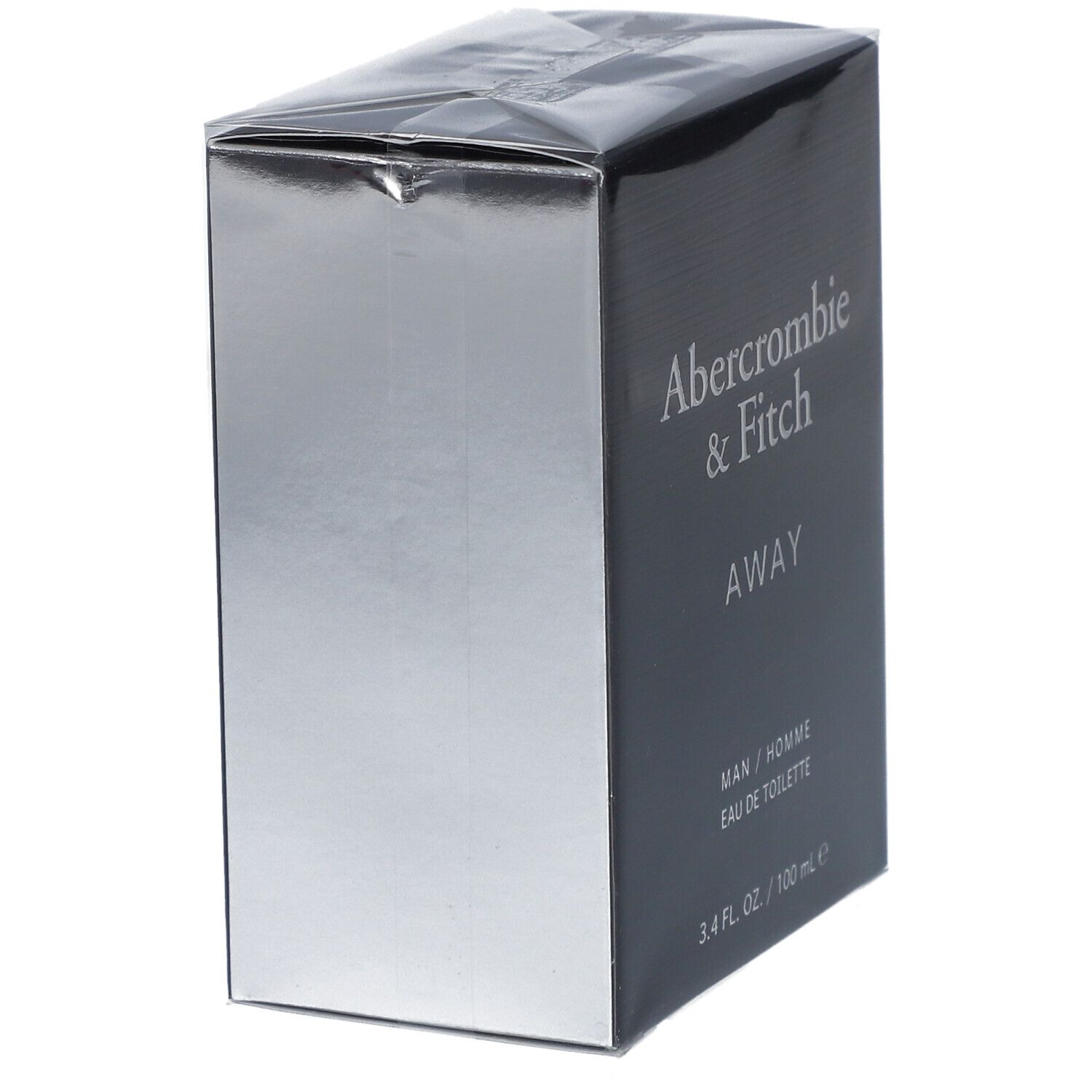 Boîte Abercrombie & Fitch AWAY, partiellement argentée. Texte: MAN / HOMME, Eau de Toilette. 3.4 FL. OZ. / 100 ml e. Emballée.