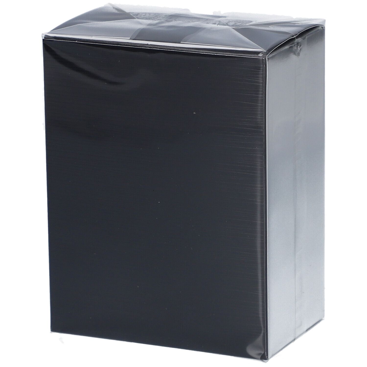 Boîte noire, partiellement argentée. Nom du produit non visible. Emballée. Forme rectangulaire.