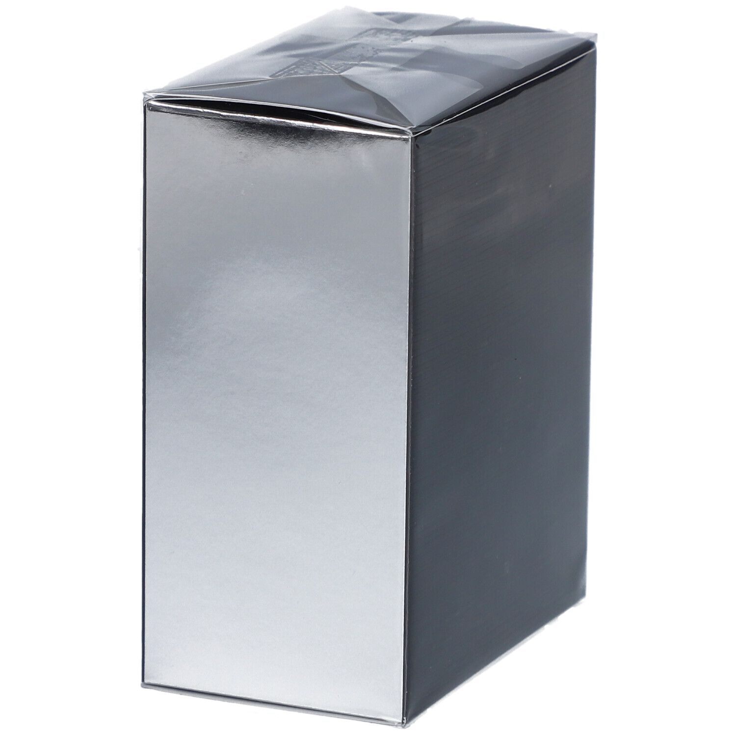 Boîte partiellement argentée. Nom du produit non visible. Emballée. Forme rectangulaire.