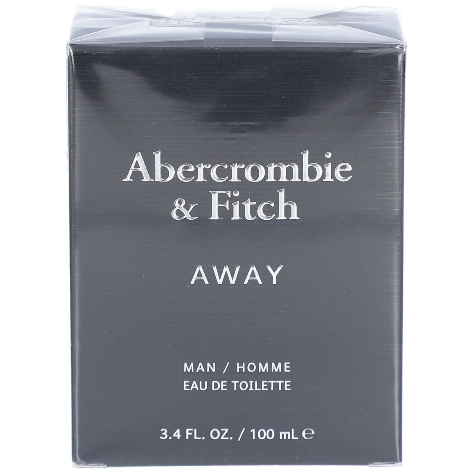 Boîte noire Abercrombie & Fitch AWAY. Texte: MAN / HOMME, Eau de Toilette. 3.4 FL. OZ. / 100 ml e.