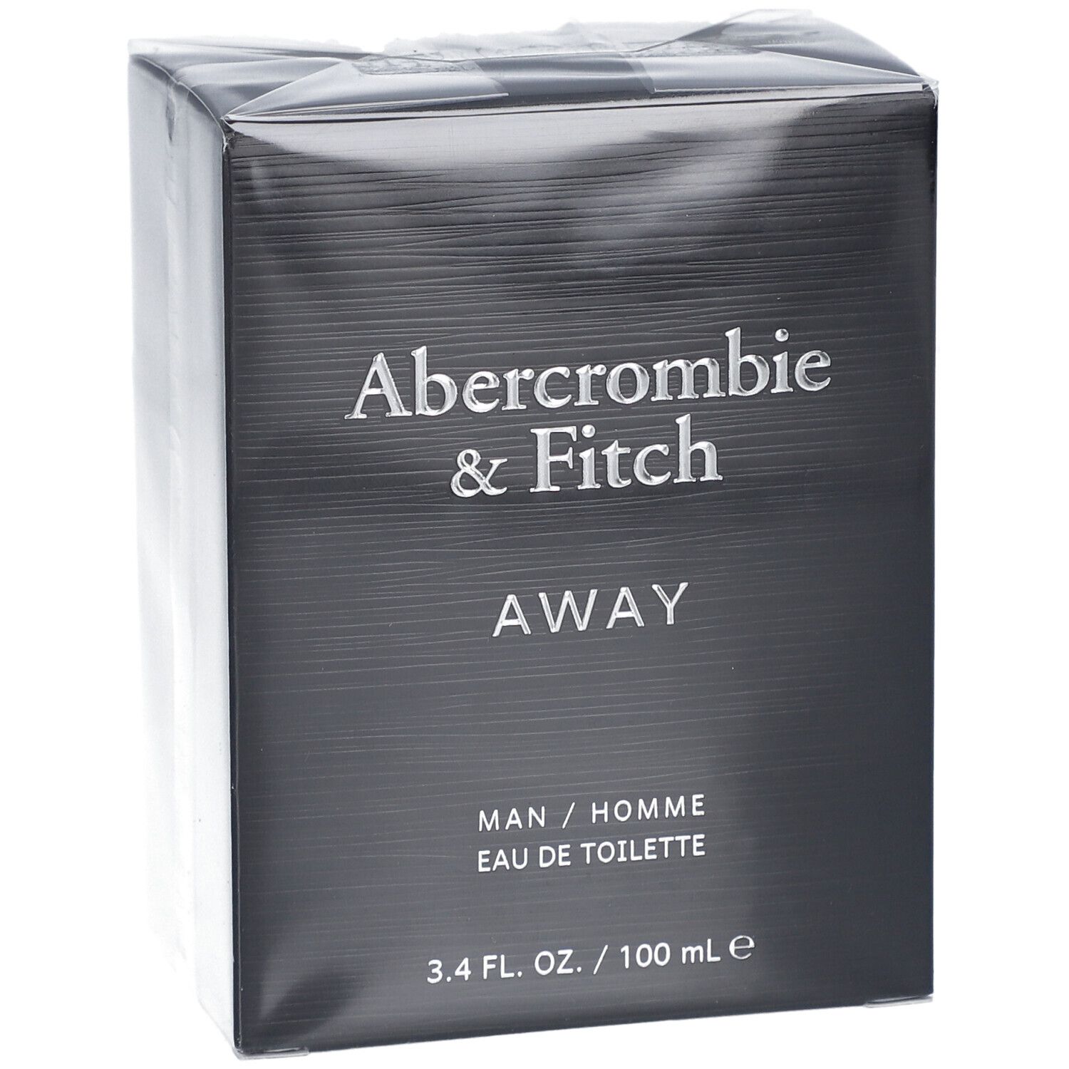 Boîte noire Abercrombie & Fitch AWAY. Texte: MAN / HOMME, Eau de Toilette. 3.4 FL. OZ. / 100 ml e.