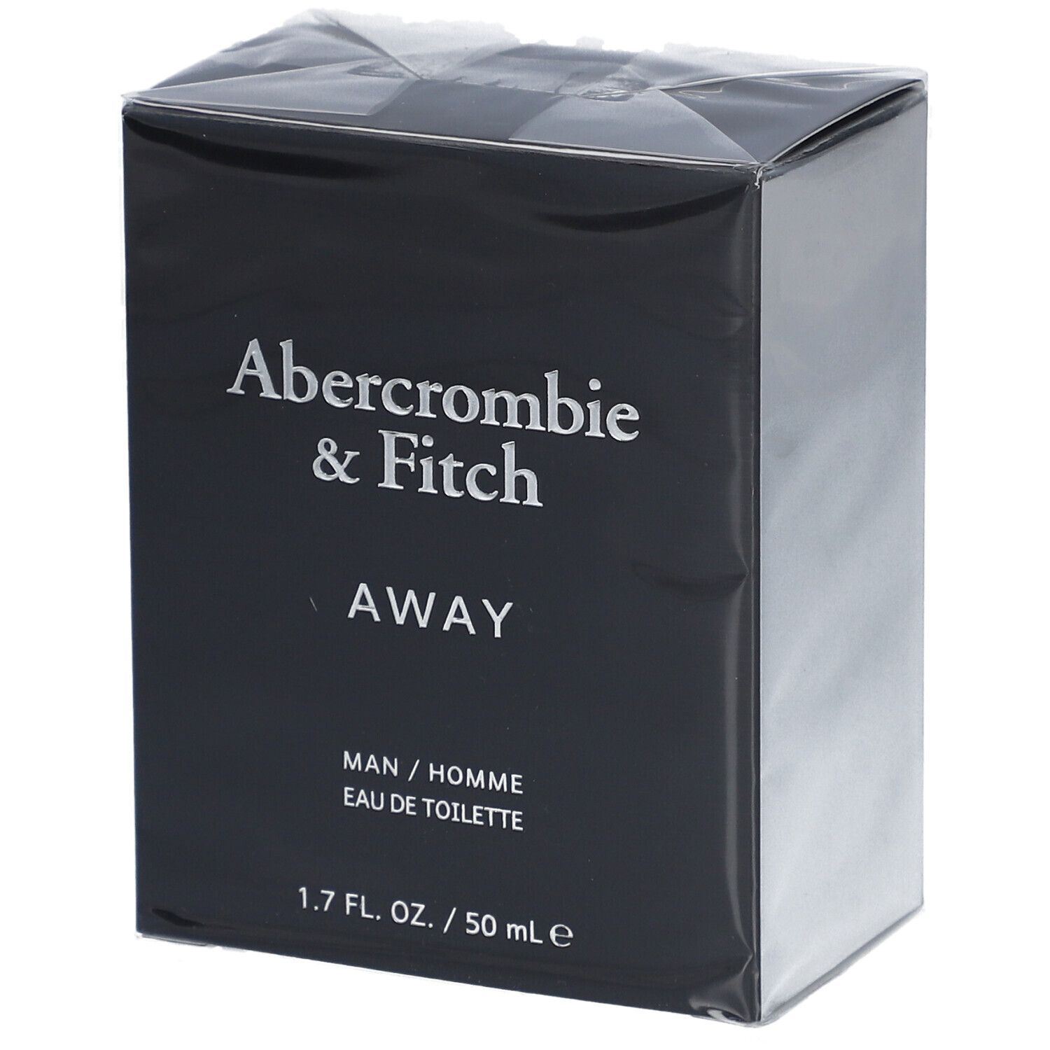 Zwarte doos met witte tekst: Abercrombie & Fitch, AWAY, MAN / HOMME, Eau de Toilette. 1.7 FL. OZ. / 50 ml e.