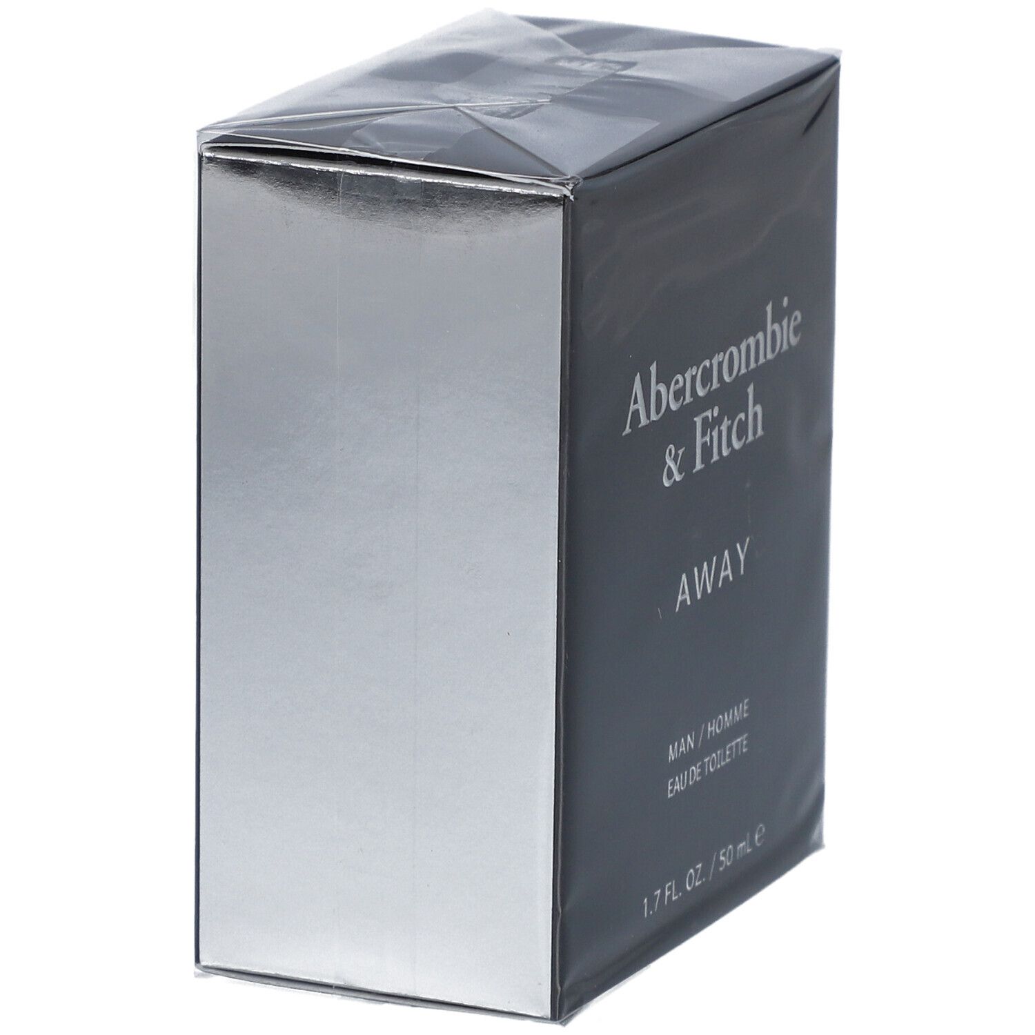 Zwarte en zilveren doos met tekst: Abercrombie & Fitch, AWAY, MAN / HOMME, Eau de Toilette. 1.7 FL. OZ. / 50 ml e.