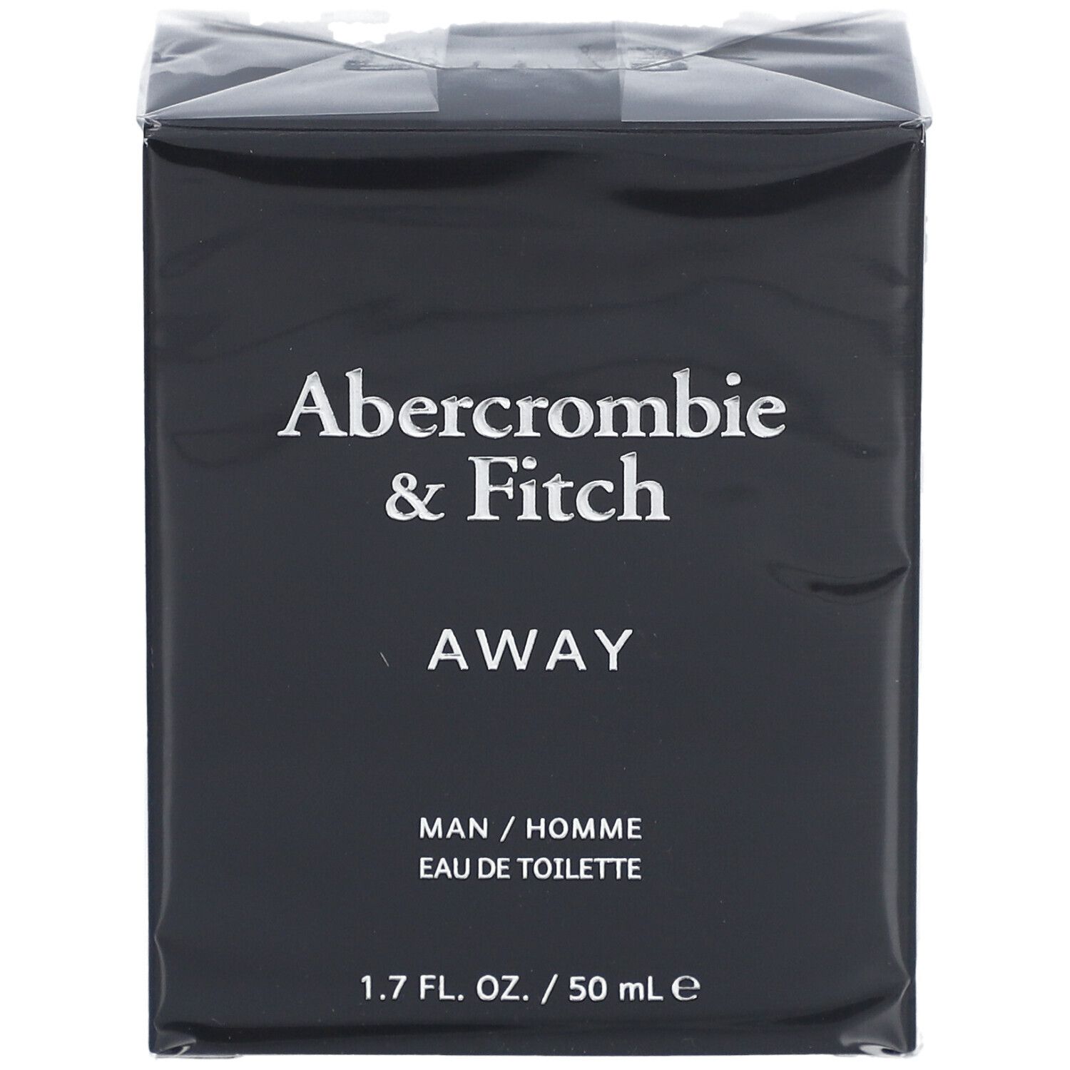 Zwarte doos met witte tekst: Abercrombie & Fitch, AWAY, MAN / HOMME, Eau de Toilette. 1.7 FL. OZ. / 50 ml e.