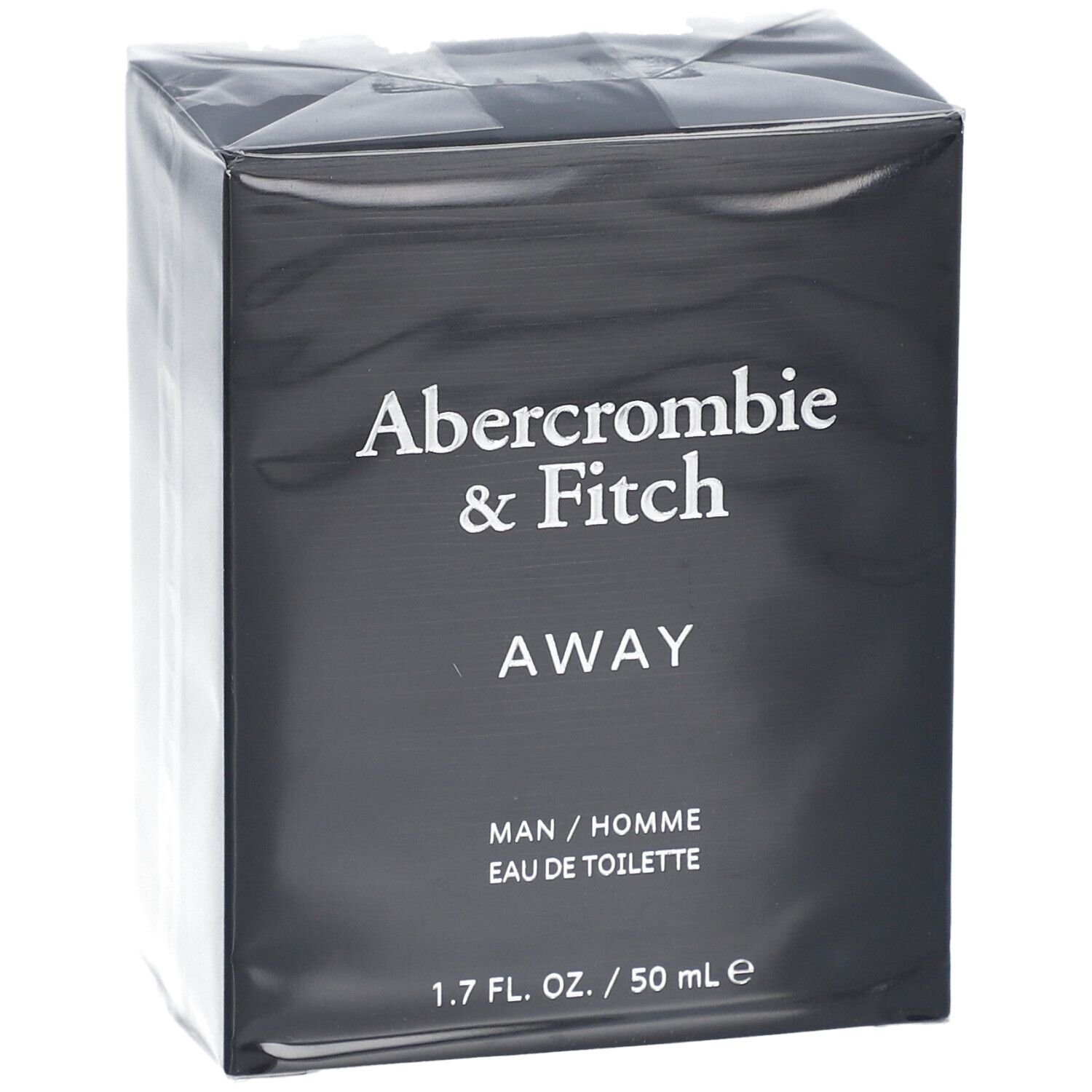 Zwarte doos met witte tekst: Abercrombie & Fitch, AWAY, MAN / HOMME, Eau de Toilette. 1.7 FL. OZ. / 50 ml e.