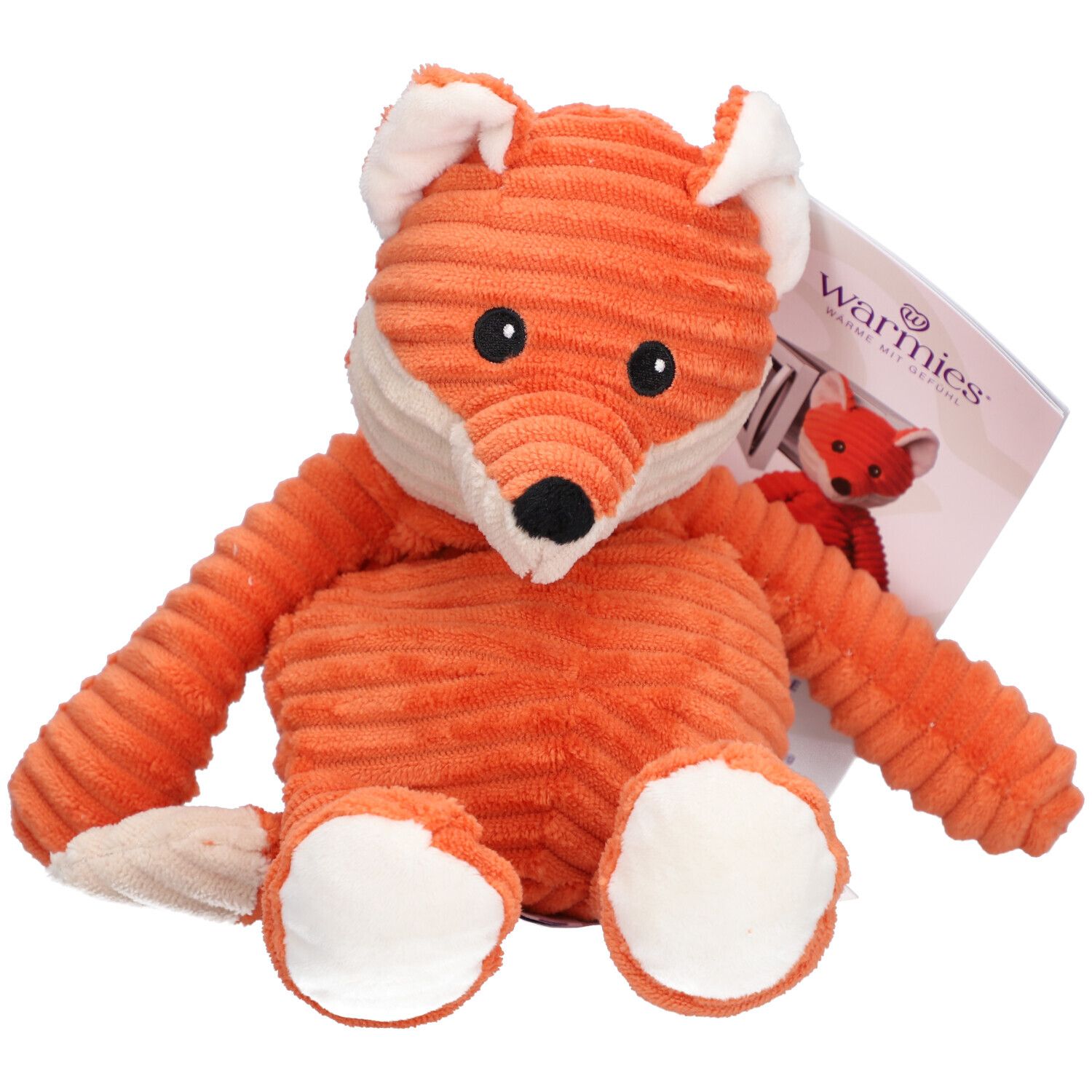 Oranje vos knuffel met zwarte ogen en neus. Met "Warmies" label.