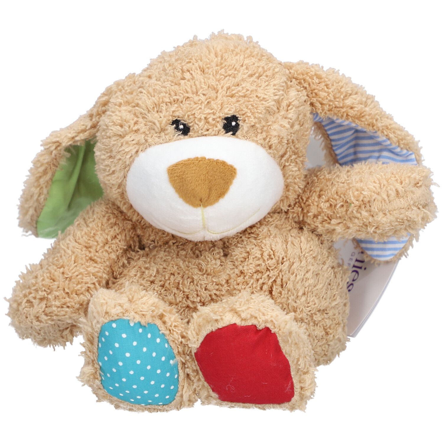 Lapin en peluche beige avec oreilles vertes et rayées bleues. Pois bleus sur un pied, pied rouge. Yeux noirs, nez marron.