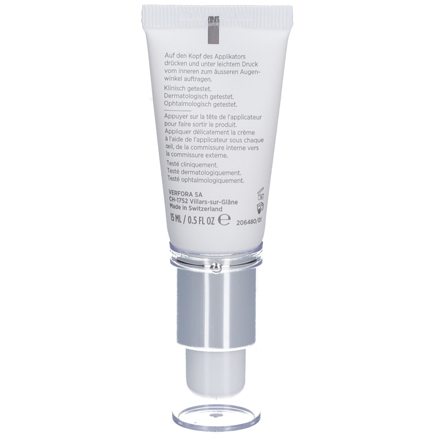Dos du tube. Texte multilingue. Instructions d'application. Informations fabricant. 15 ml/0,5 FL OZ.