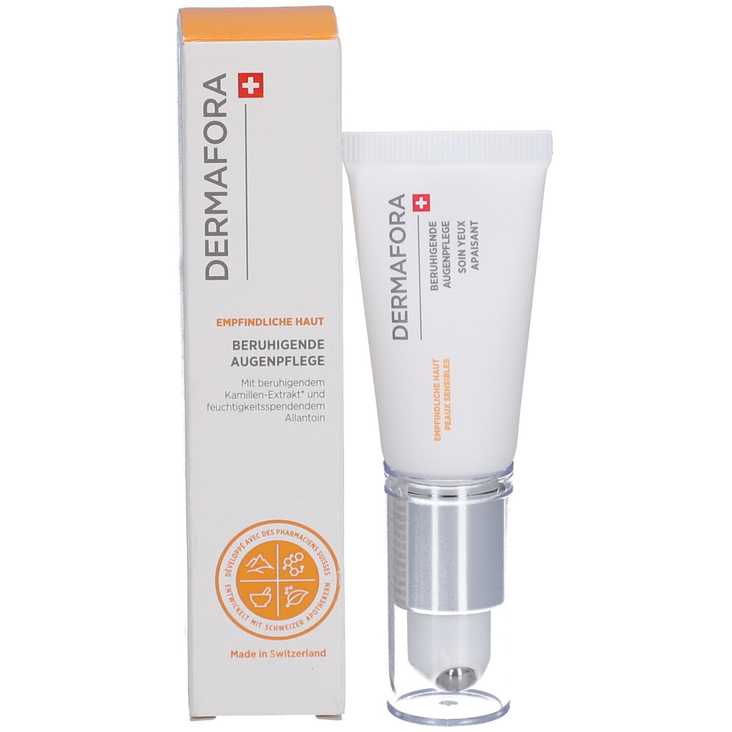 Emballage du produit. Tube et boîte. Inscription: DERMAFORA, Soin yeux apaisant. Avec extrait de camomille.