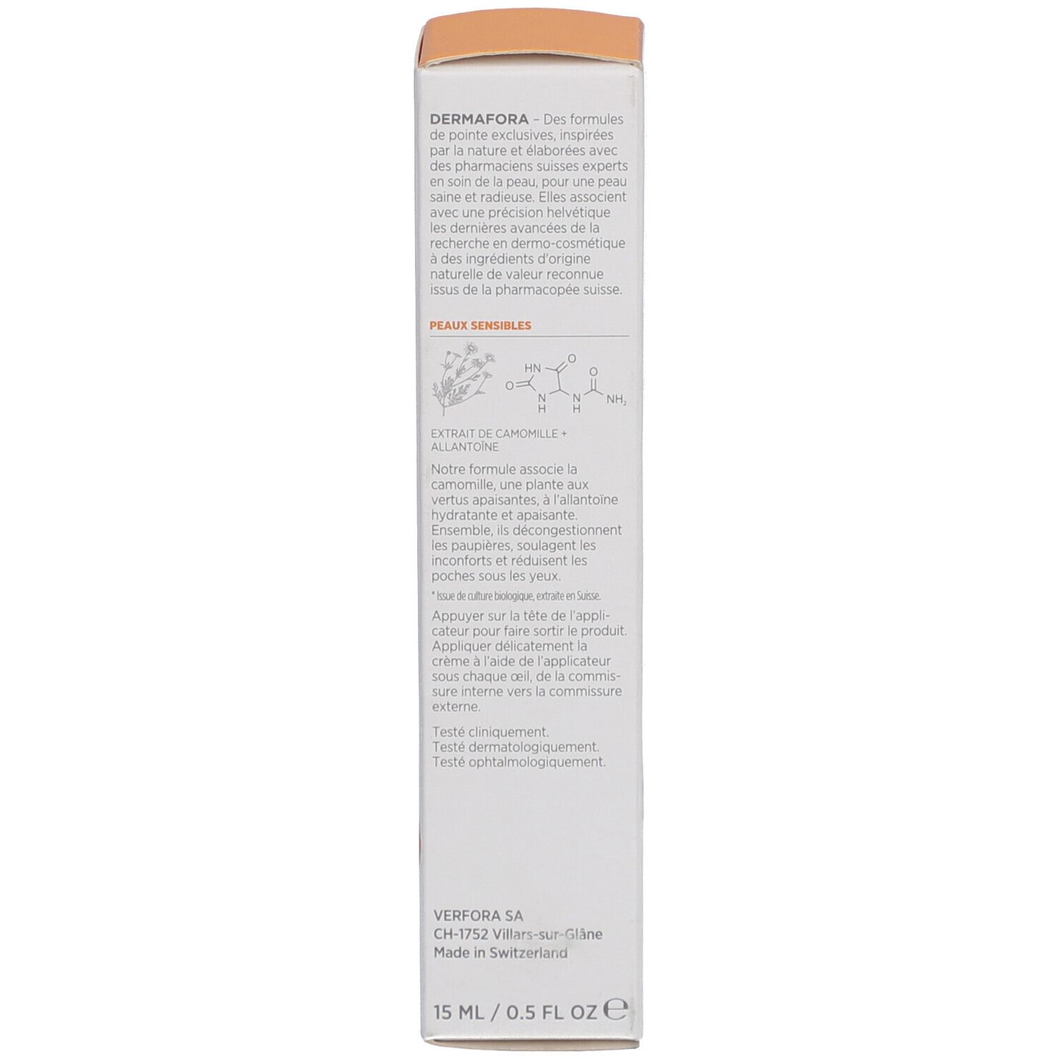 Boîte. Texte: DERMAFORA, formules inspirées de la nature. Ingrédients, informations fabricant. 15 ml/0,5 FL OZ.