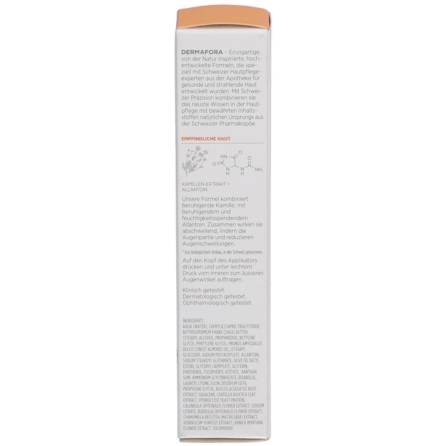 Boîte. Texte: DERMAFORA, inspiré par la nature. Ingrédients, informations fabricant. Testé dermatologiquement.