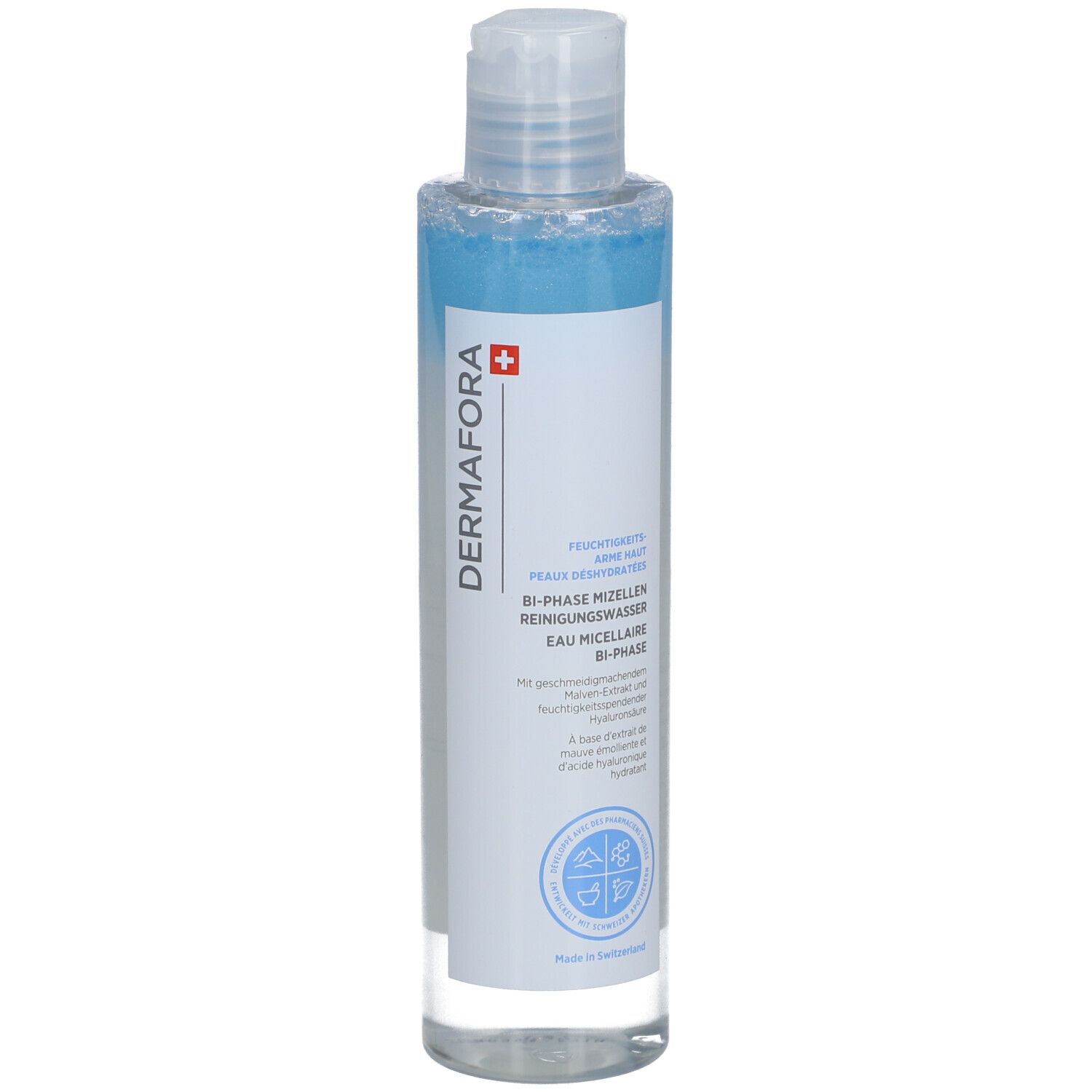 Flacon transparent avec liquide bleu. Logo Dermafora et intitulé 'Bi-Phase Mizellen Reinigungswasser'.