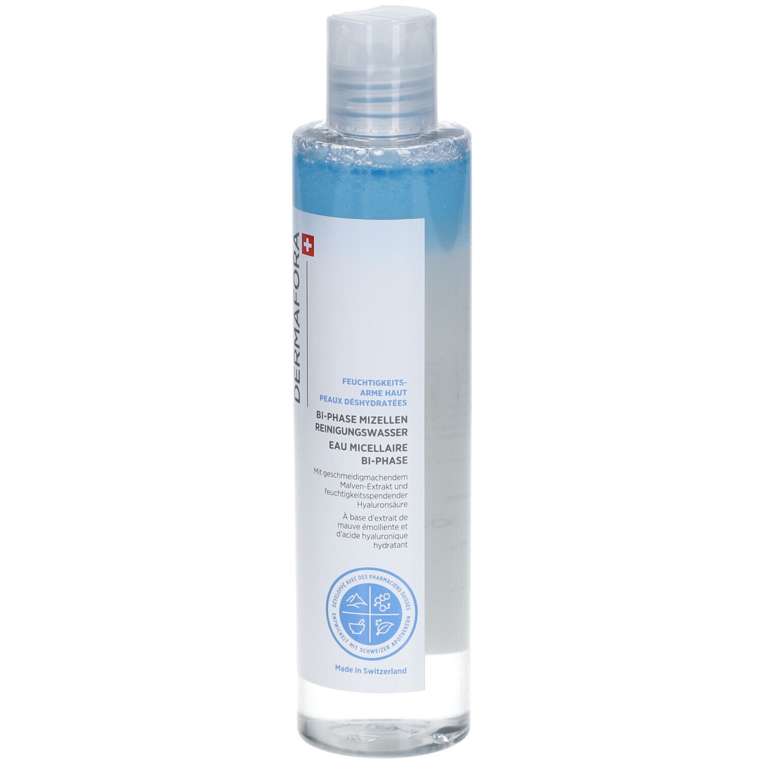 Flacon transparent avec liquide bleu. Logo Dermafora et intitulé 'Bi-Phase Mizellen Reinigungswasser'.