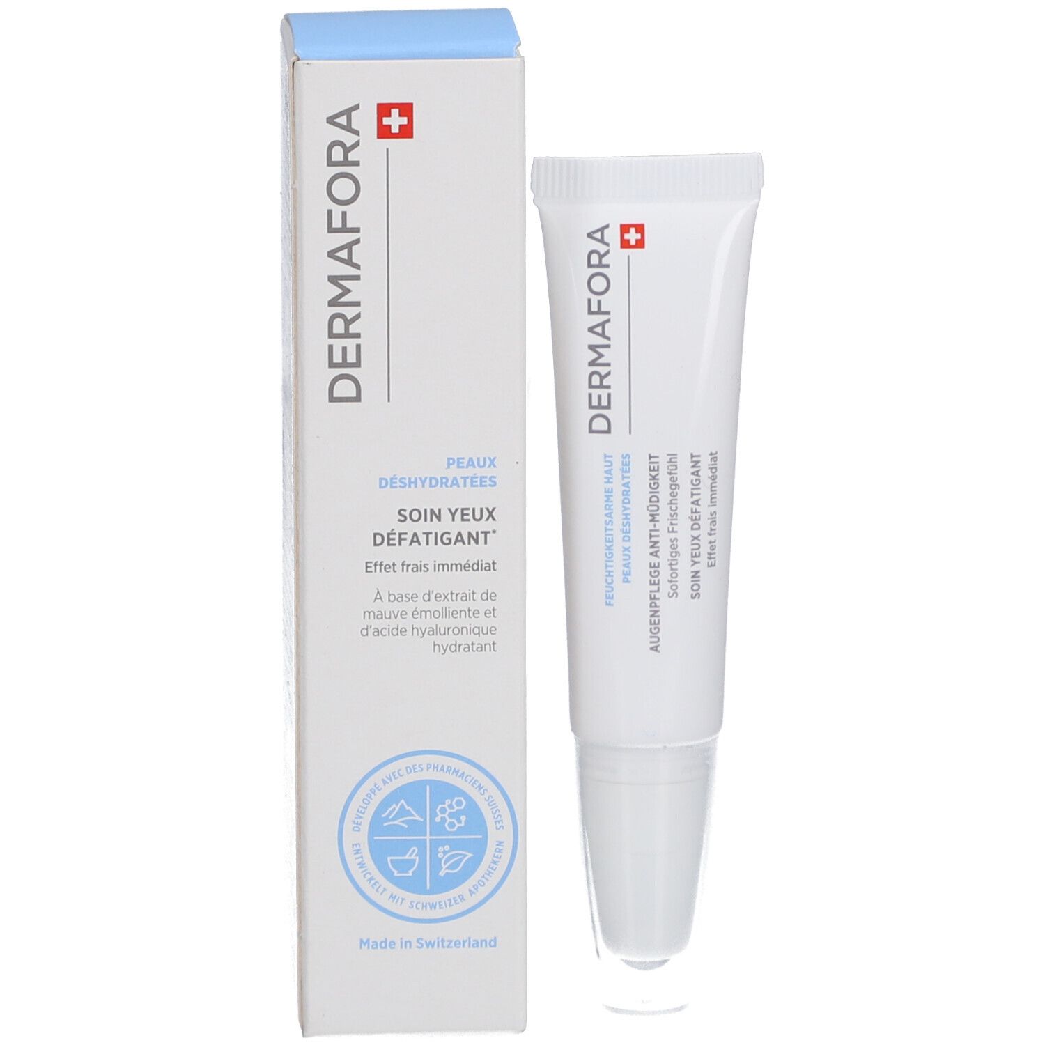 Produit et emballage. Tube et boîte blancs. Inscription: Dermafora, Soin yeux défatigant. Croix suisse.