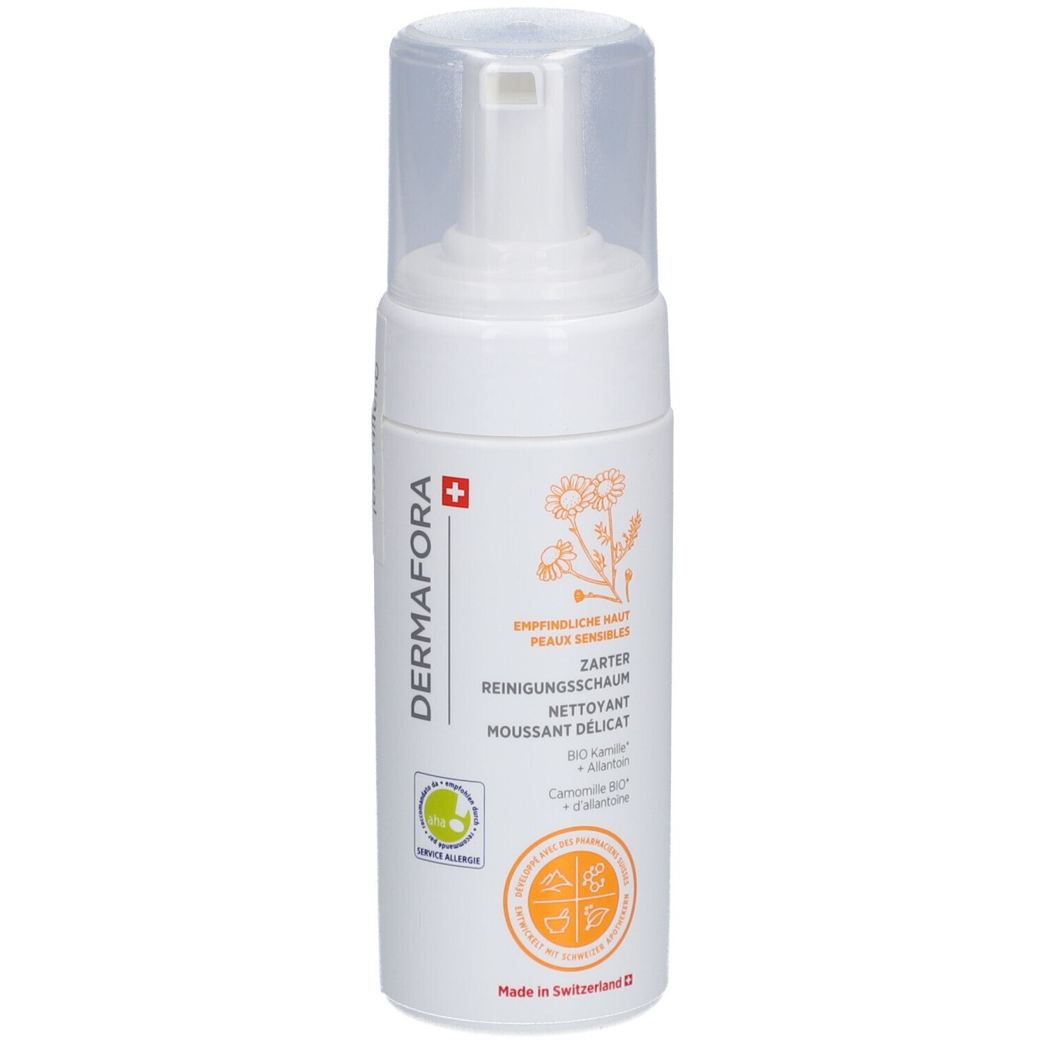 Flacon blanc avec bouchon transparent. Inscription: DERMAFORA, Mousse nettoyante délicate. Avec camomille bio et allantoïne. Sceau.