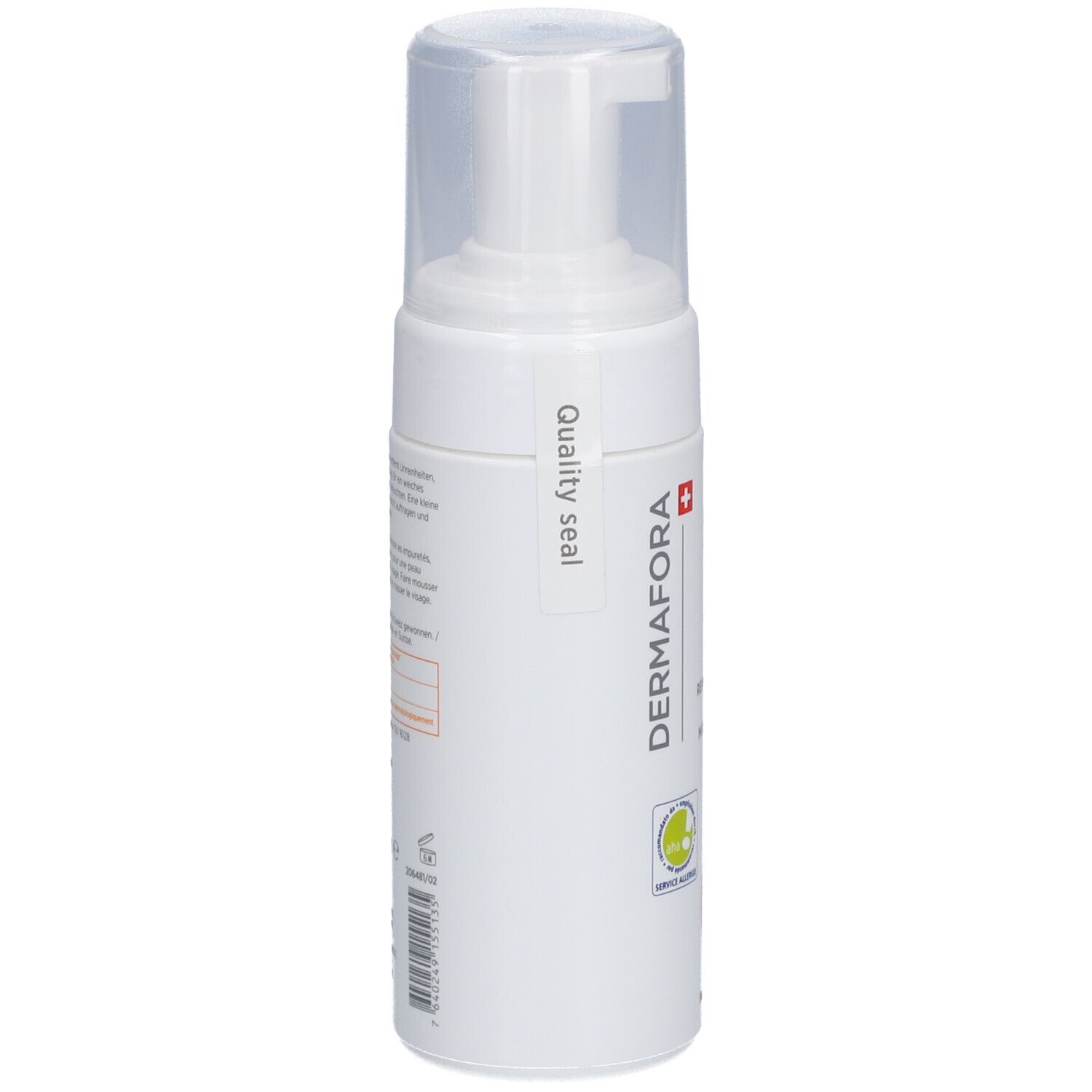Flacon blanc avec bouchon transparent. Inscription: DERMAFORA. Autocollant avec texte et sceau 'Quality seal'.