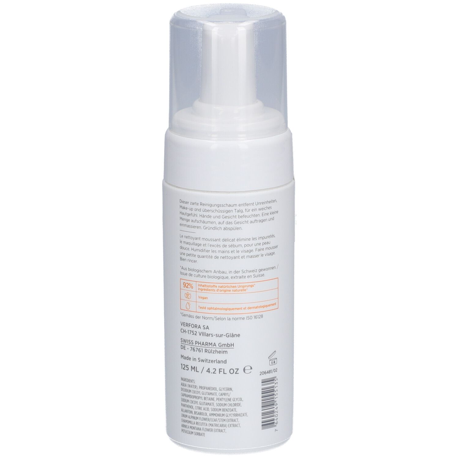 Flacon blanc avec bouchon transparent. Dos avec texte et informations. Fabriqué en Suisse. 125 ml.