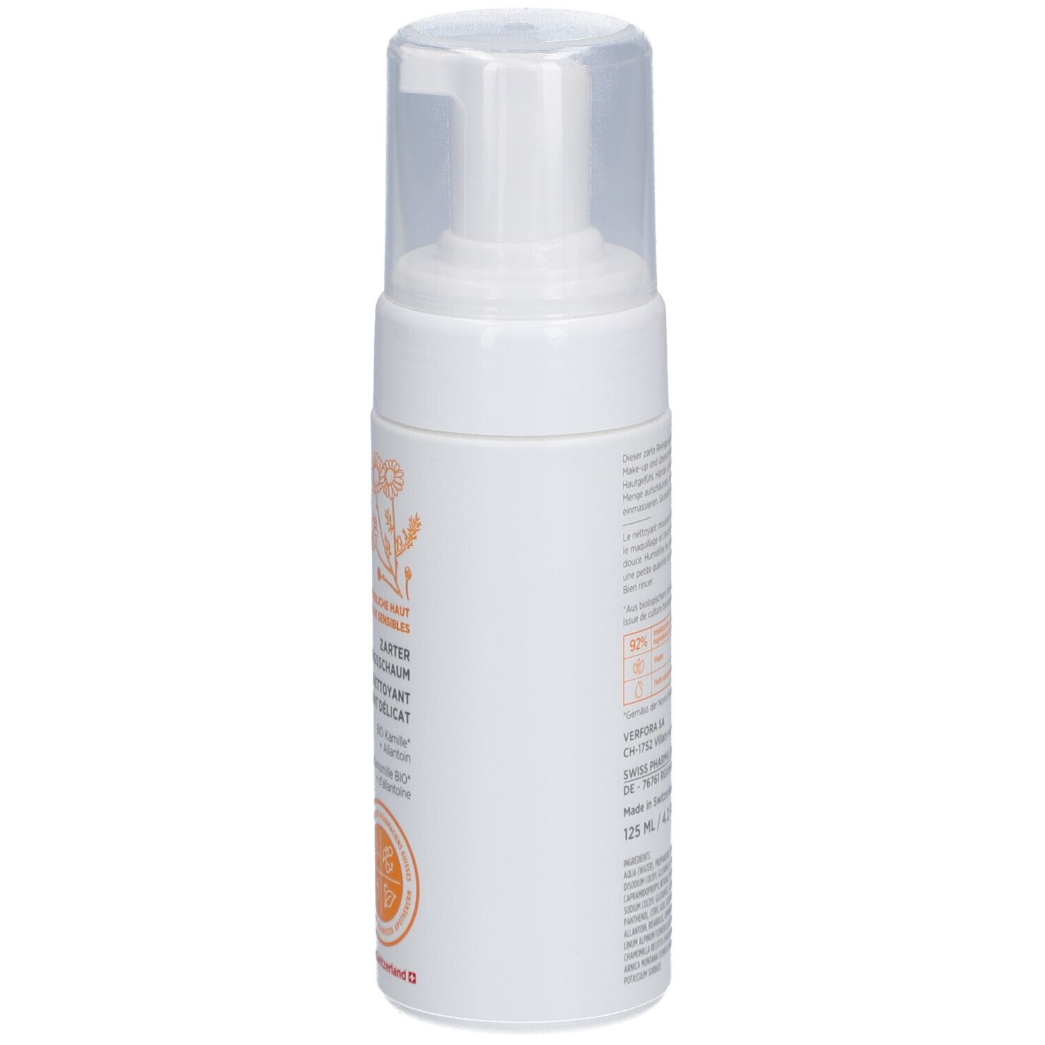 Flacon blanc avec bouchon transparent. Inscription: DERMAFORA, Mousse nettoyante délicate. Dos avec texte et informations. 125 ml.