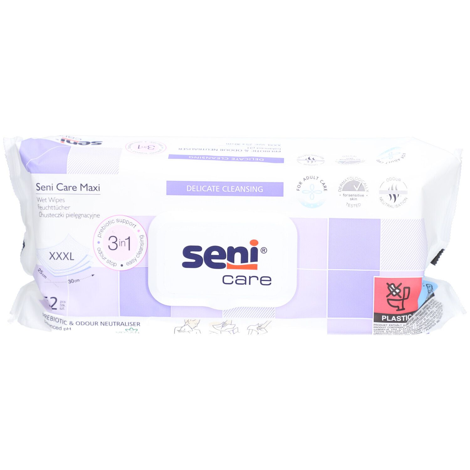 Paquet de lingettes Seni Care Maxi. Emballage blanc et violet. Nom et logo visibles. Formule 3 en 1.