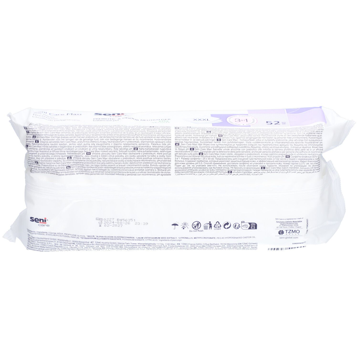 Dos du paquet de lingettes Seni Care Maxi. Texte multilingue. Informations et symboles.
