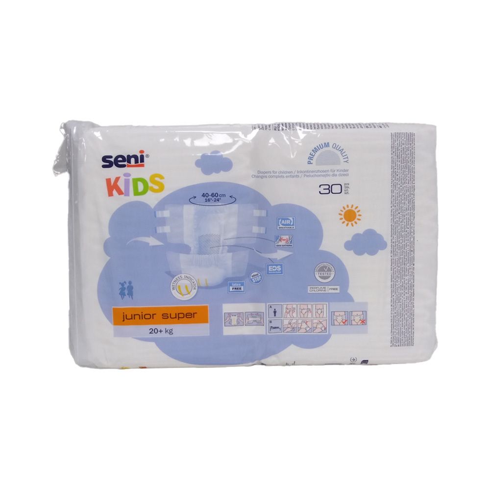 Verpakking Seni Kids Junior Super incontinentiebroekjes. Opschrift: Seni Kids, Junior Super, 30 stuks. Illustratie van een luier. Wolken- en zonnemotieven.