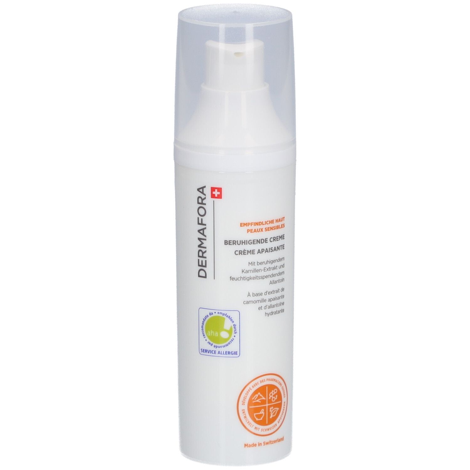 Flacon blanc avec pompe. Inscription: DERMAFORA, Crème apaisante. Logo et croix suisse.
