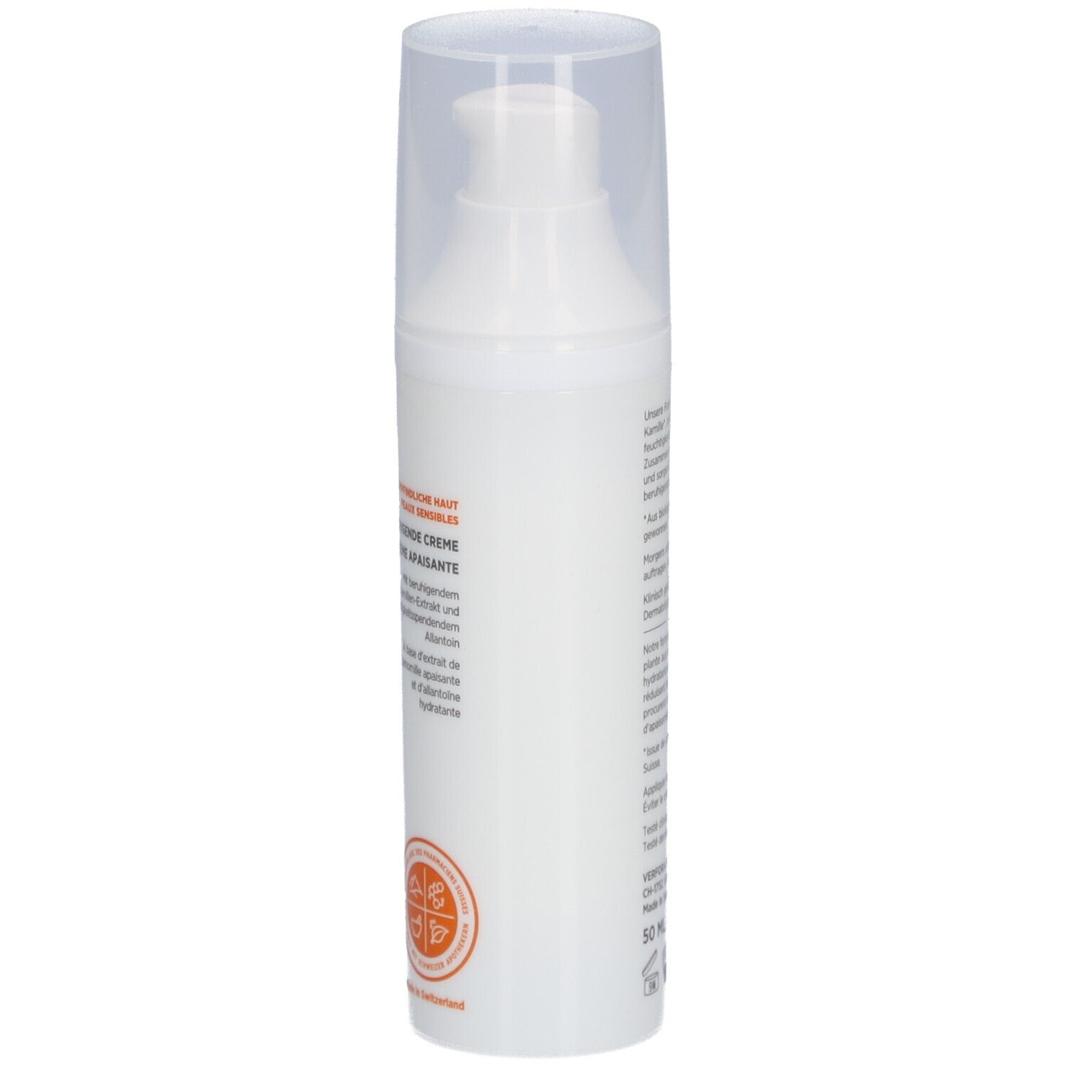 Flacon blanc avec pompe. Inscription: DERMAFORA, Crème apaisante. Logos et texte.