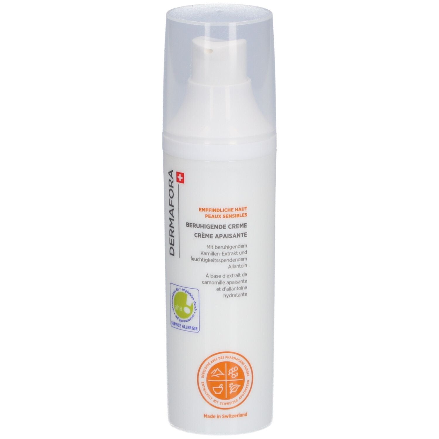 Flacon blanc avec pompe. Inscription: DERMAFORA, Crème apaisante. Logos et texte.